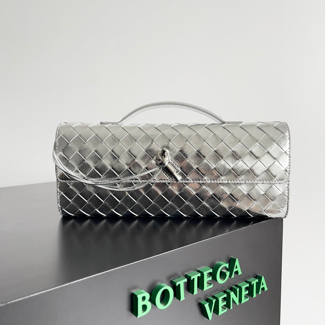 Bottega Veneta Intrecciato Metallic Silver Leather Clutch with Handle