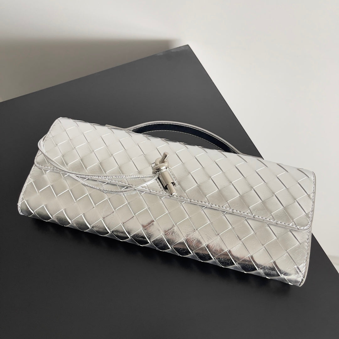 Bottega Veneta Intrecciato Metallic Silver Leather Clutch with Handle