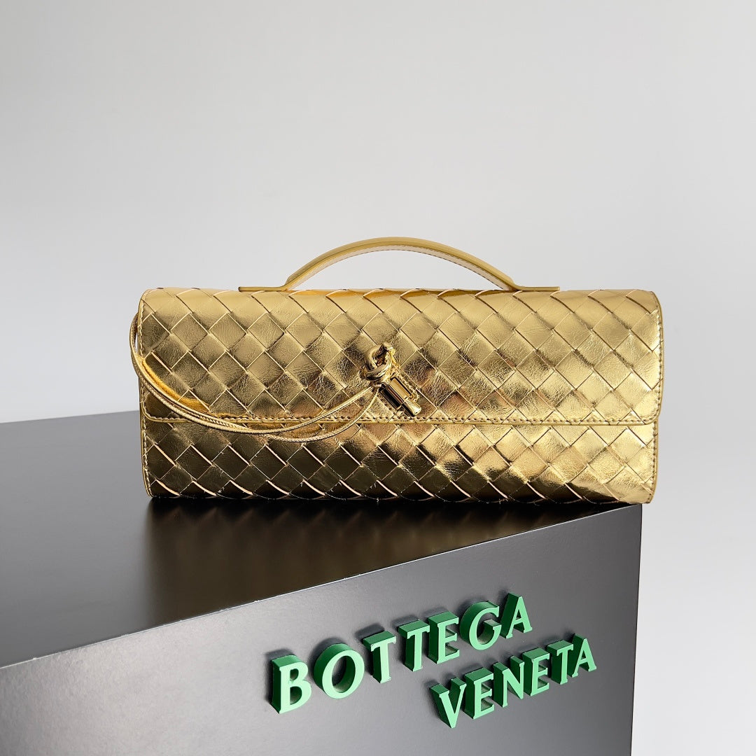 Bottega Veneta Intrecciato Metallic Gold Leather Clutch with Handle