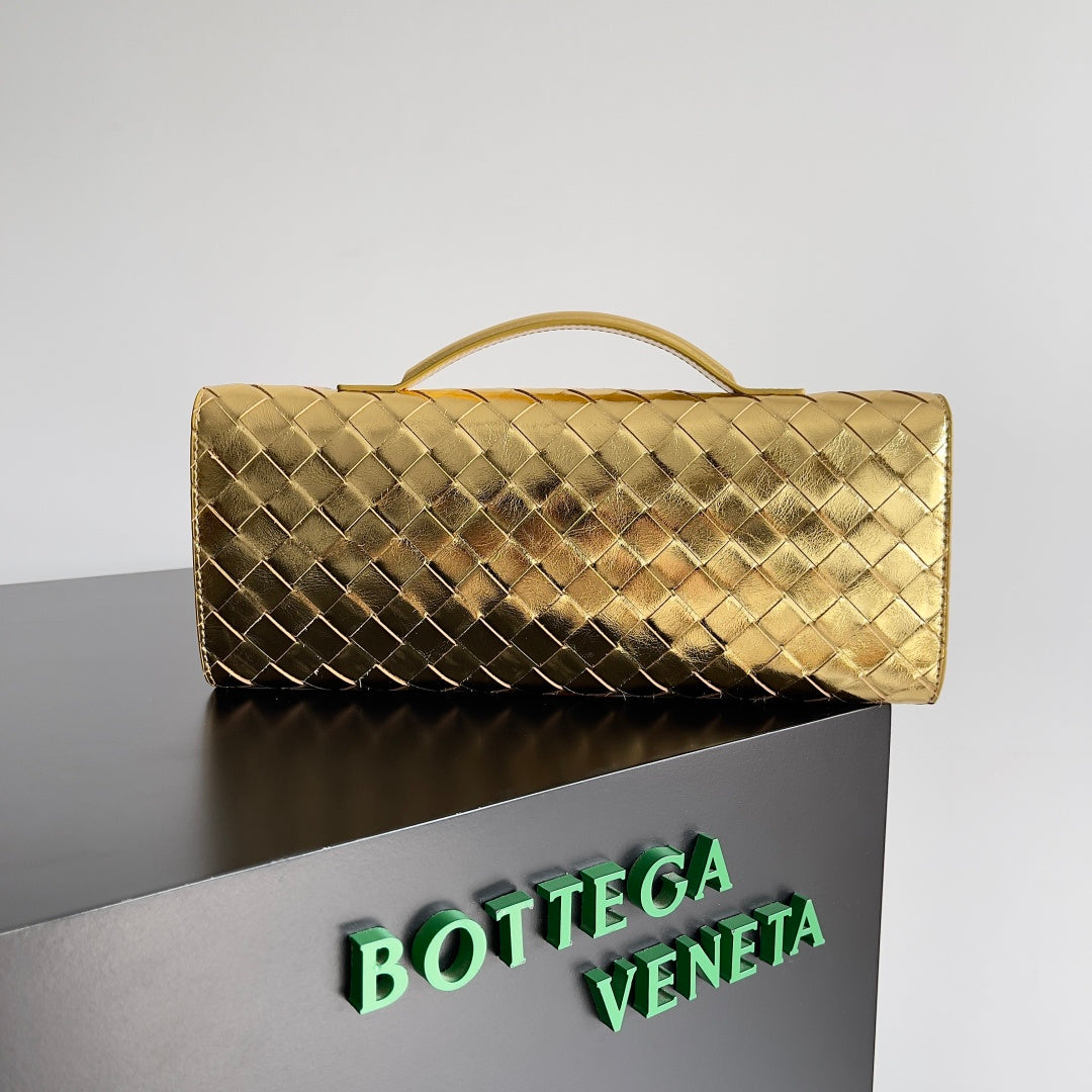 Bottega Veneta Intrecciato Metallic Gold Leather Clutch with Handle