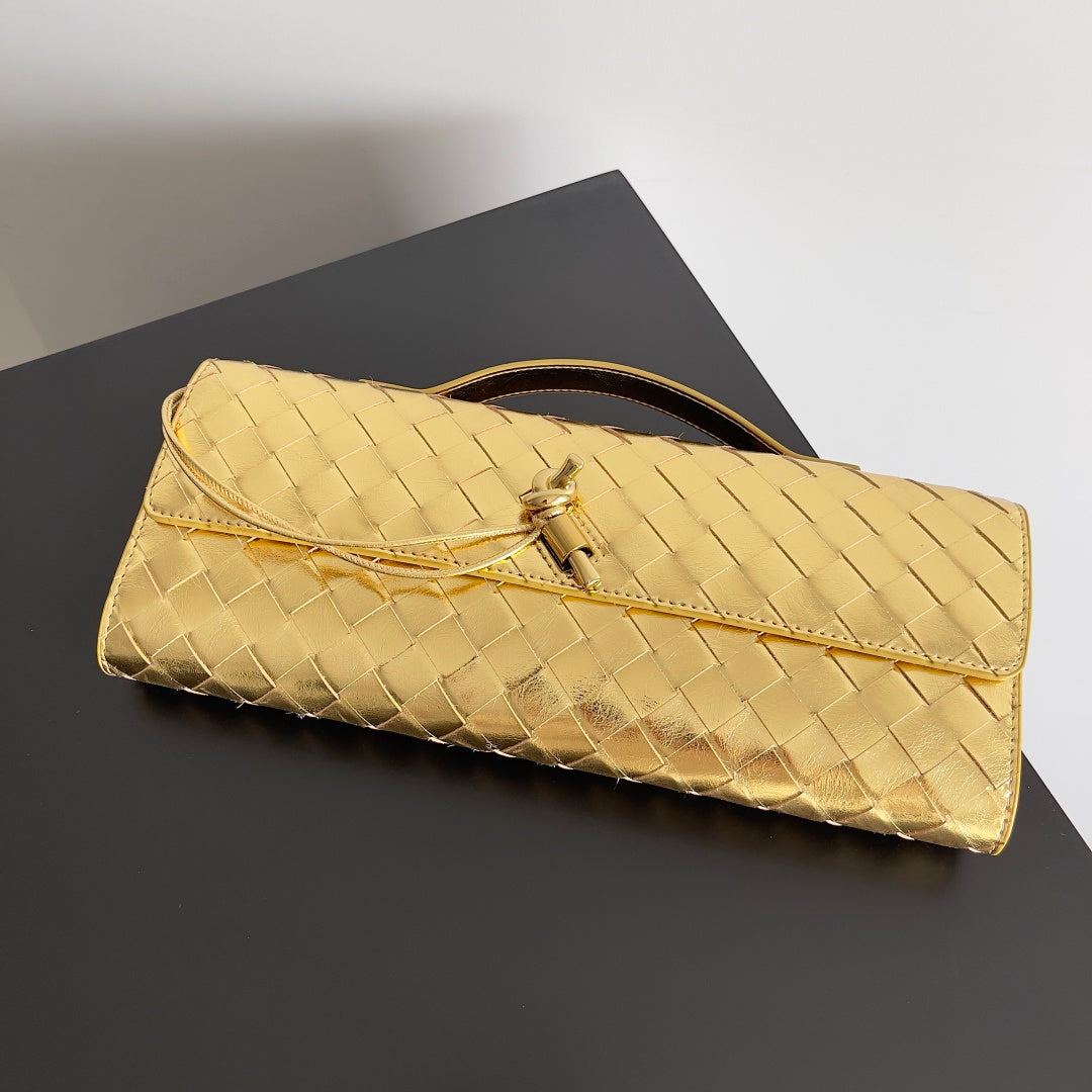 Bottega Veneta Intrecciato Metallic Gold Leather Clutch with Handle