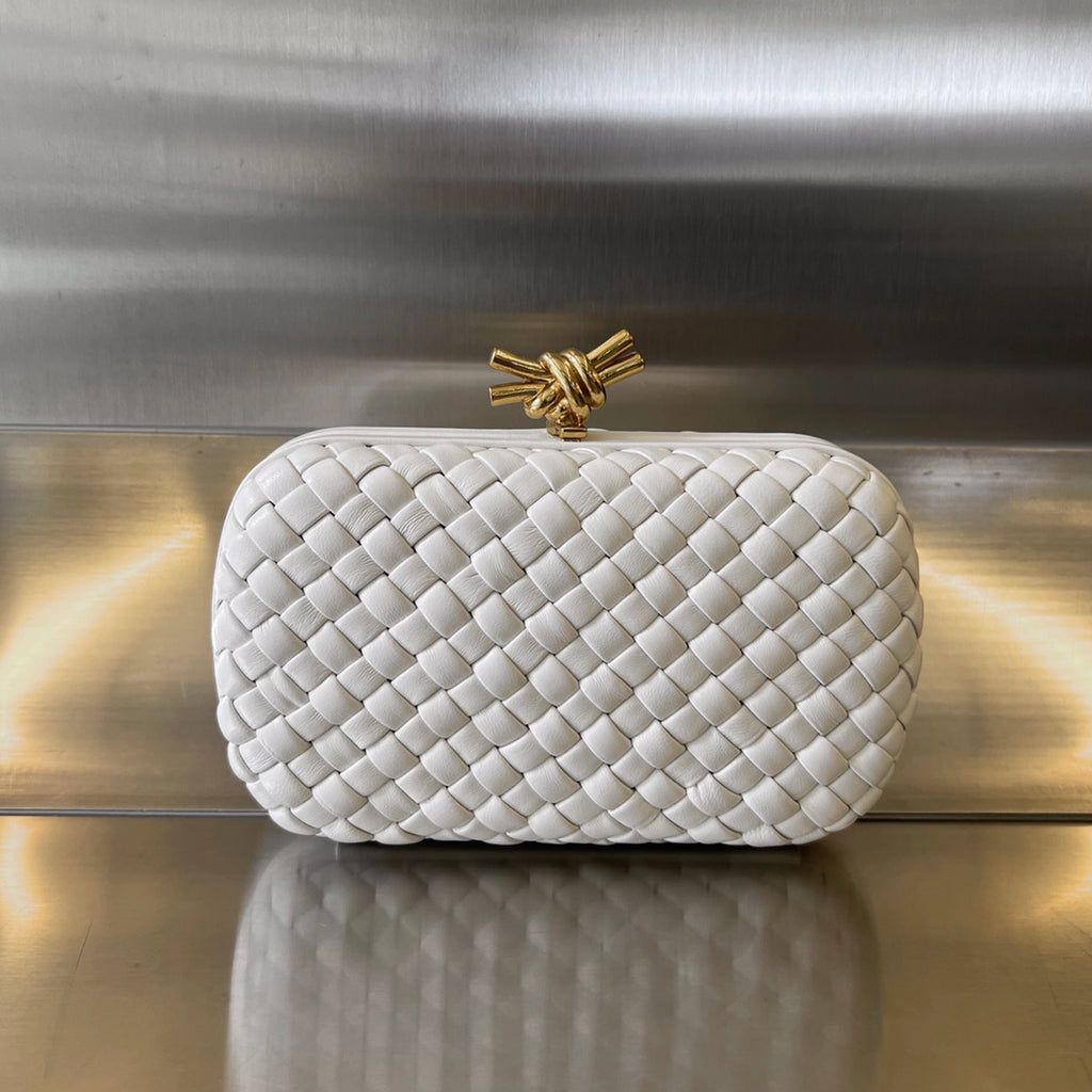 Bottega Veneta Knot Intrecciato Woven Leather Clutch - White