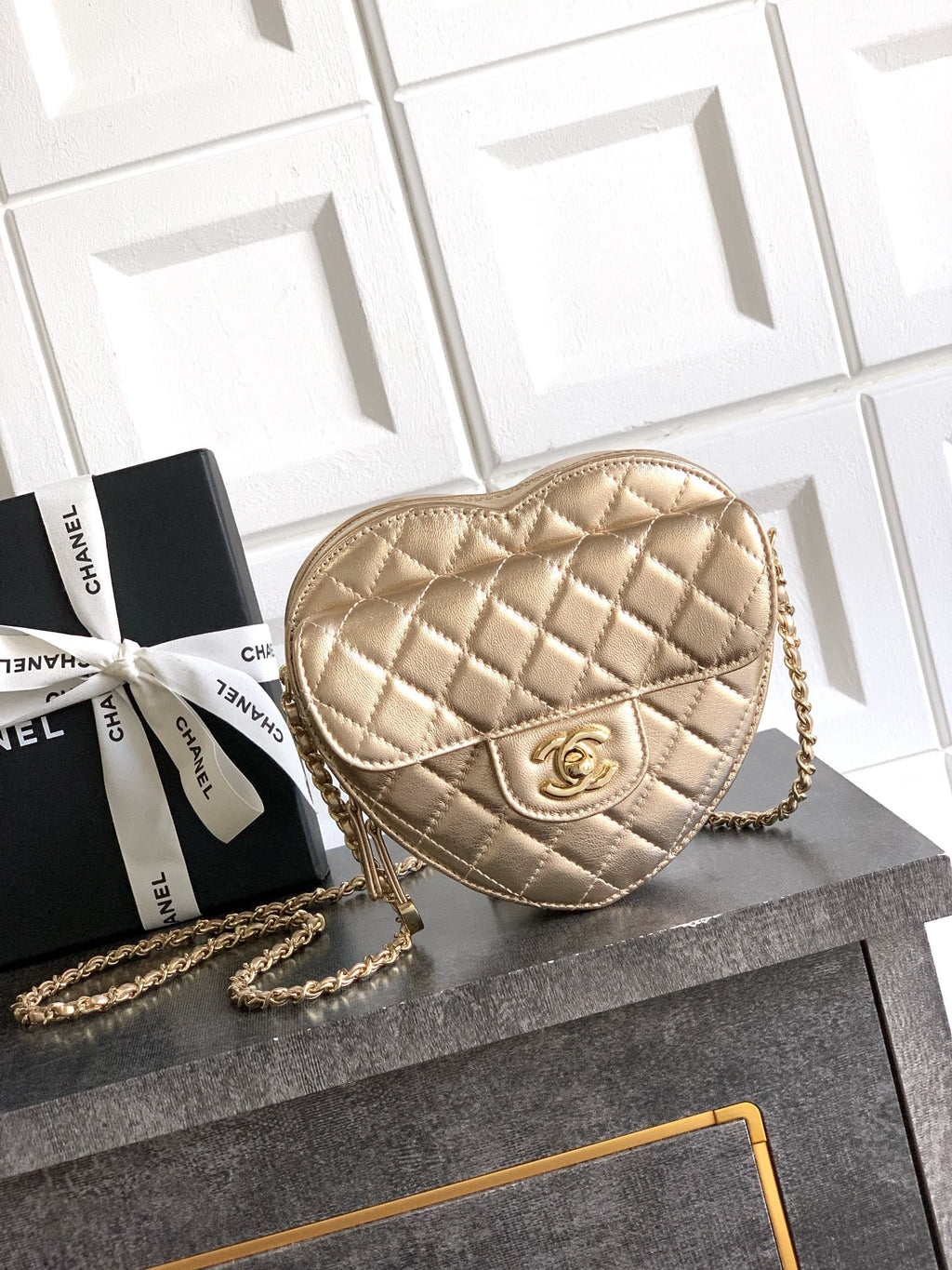 Chanel Gold Metallic Heart-Shaped Crossbody Bag with Chain Strap