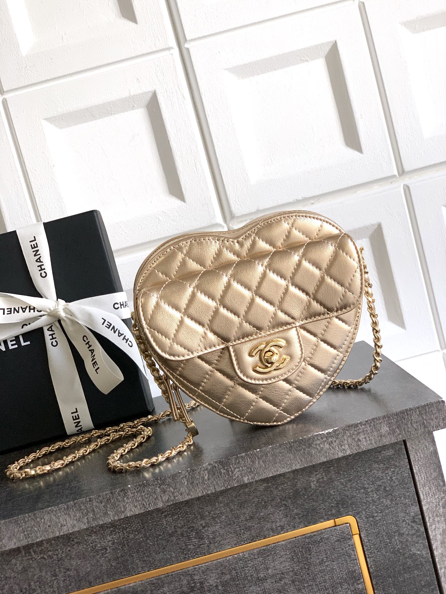 Chanel Gold Metallic Heart-Shaped Crossbody Bag with Chain Strap