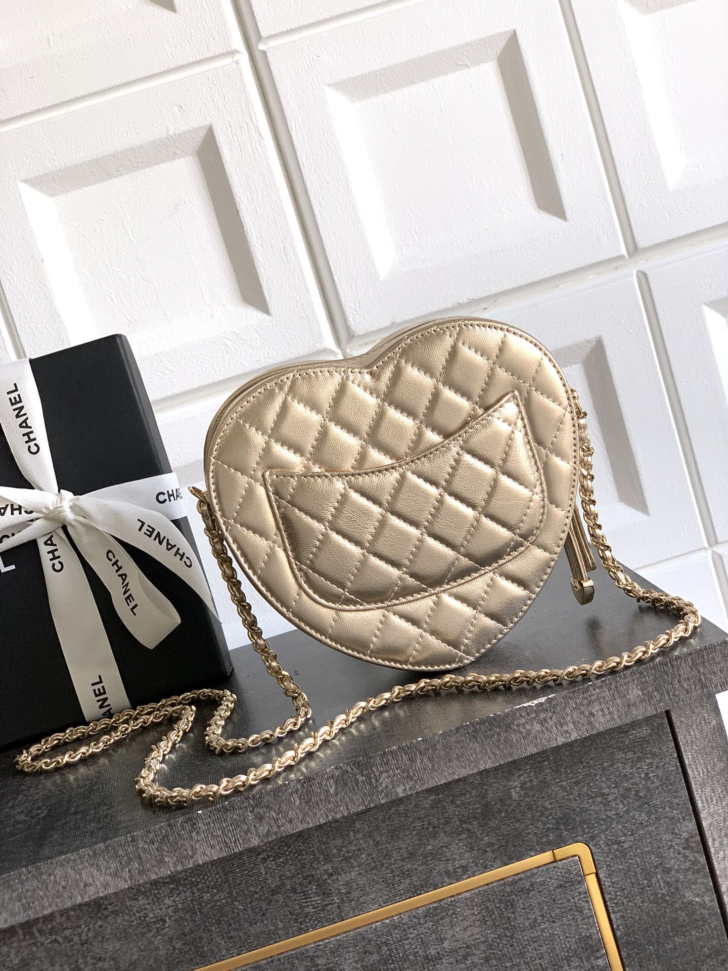 Chanel Gold Metallic Heart-Shaped Crossbody Bag with Chain Strap