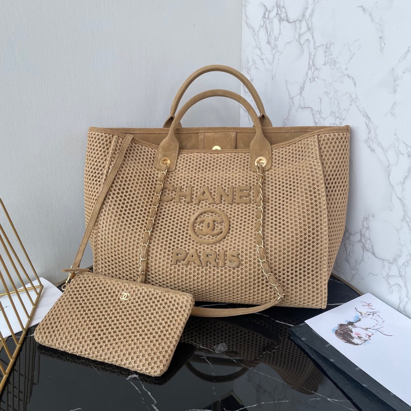 Chanel Beige Raffia Deauville Tote Bag with Gold Hardware