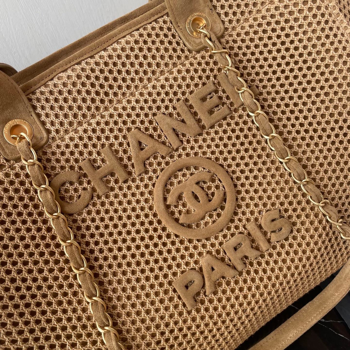 Chanel Beige Raffia Deauville Tote Bag with Gold Hardware