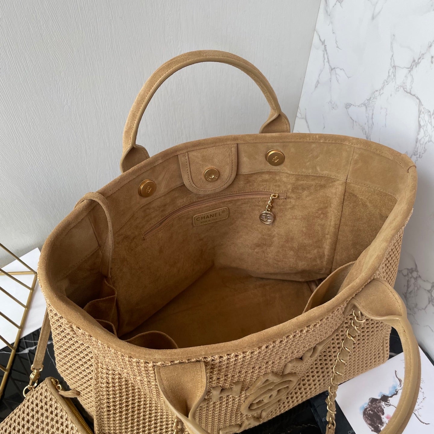 Chanel Beige Raffia Deauville Tote Bag with Gold Hardware