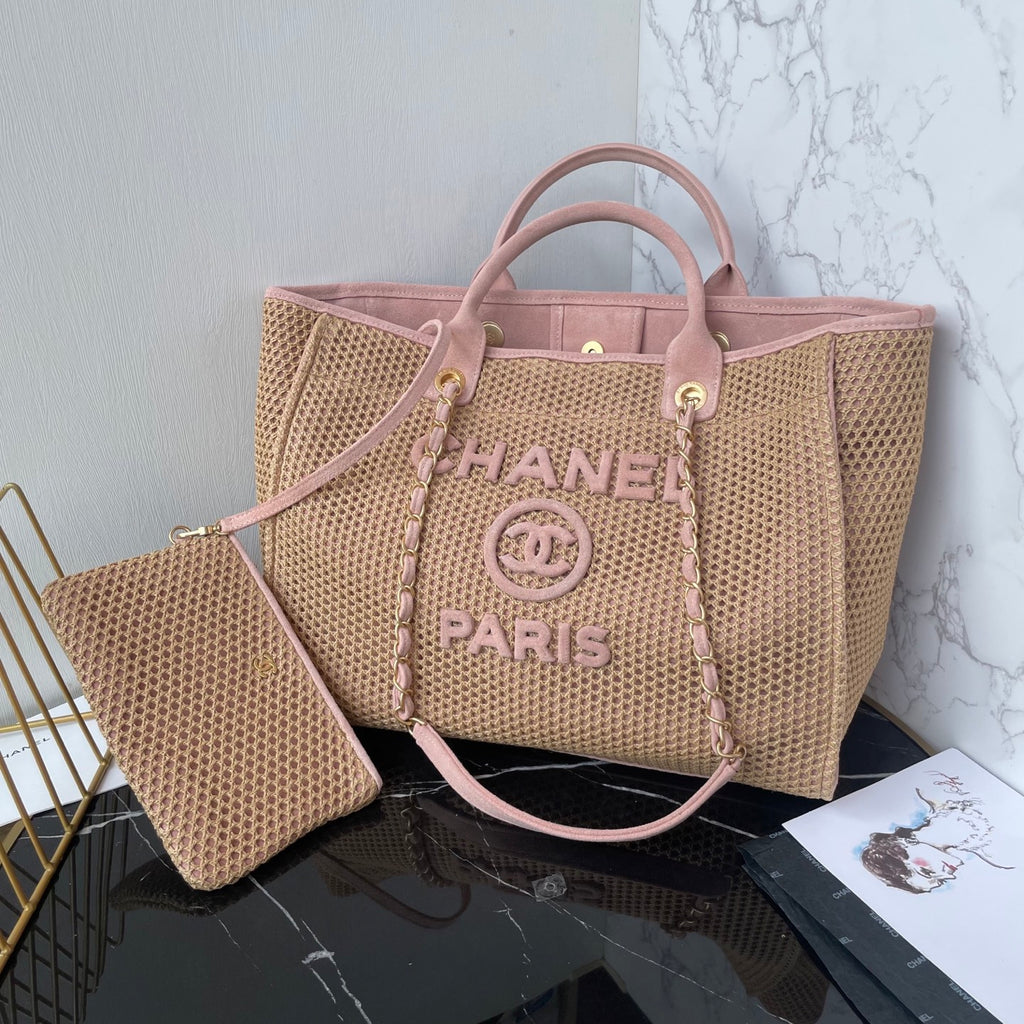 Chanel Pink Raffia Deauville Tote Bag with Gold Hardware