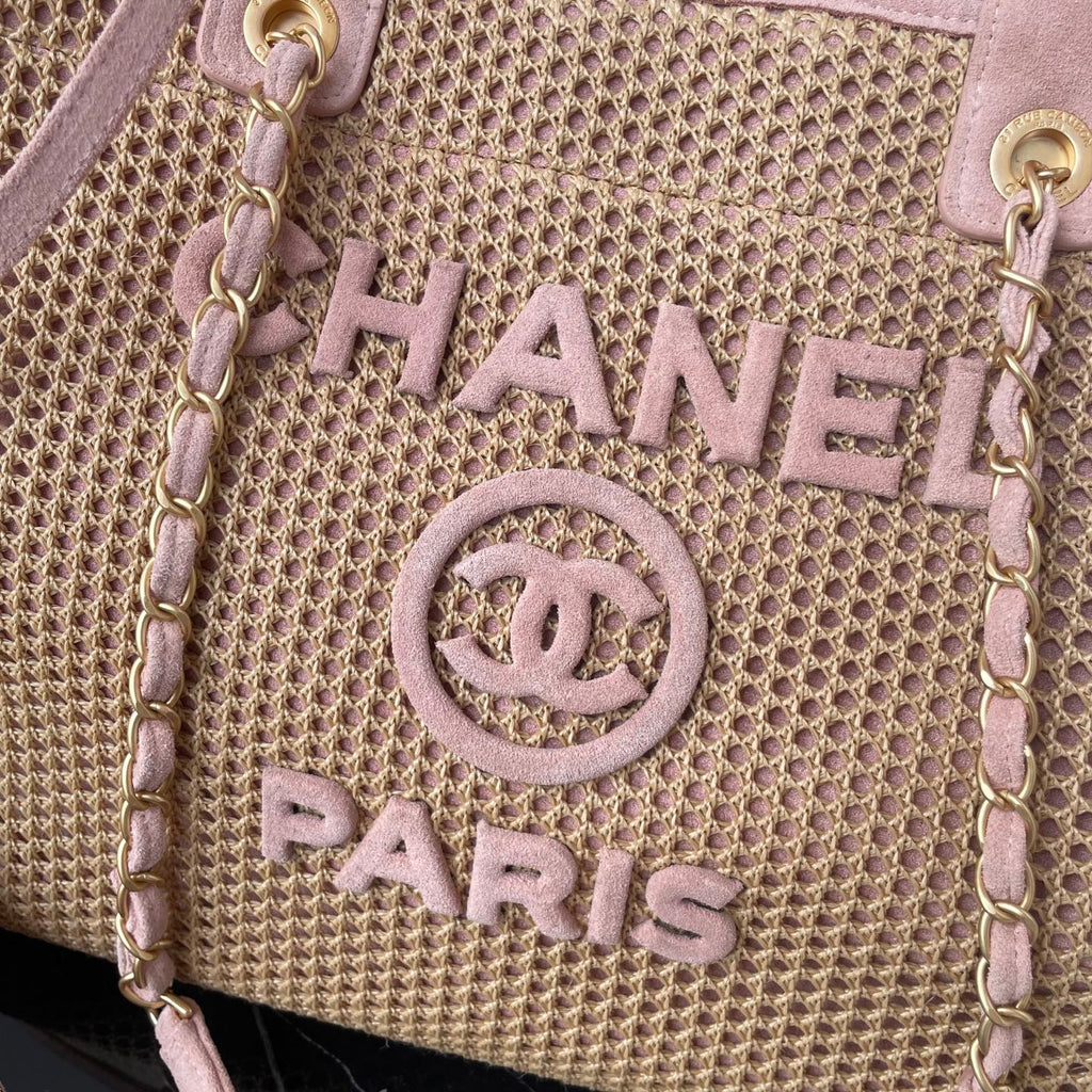 Chanel Pink Raffia Deauville Tote Bag with Gold Hardware