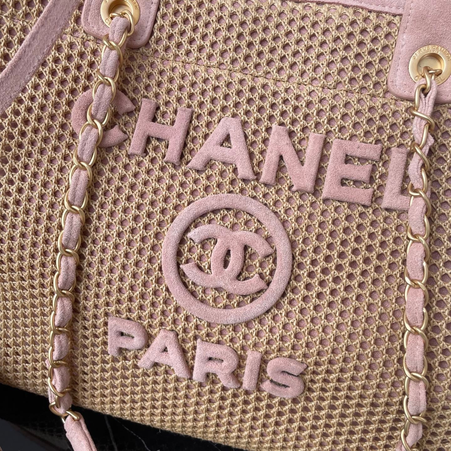 Chanel Pink Raffia Deauville Tote Bag with Gold Hardware