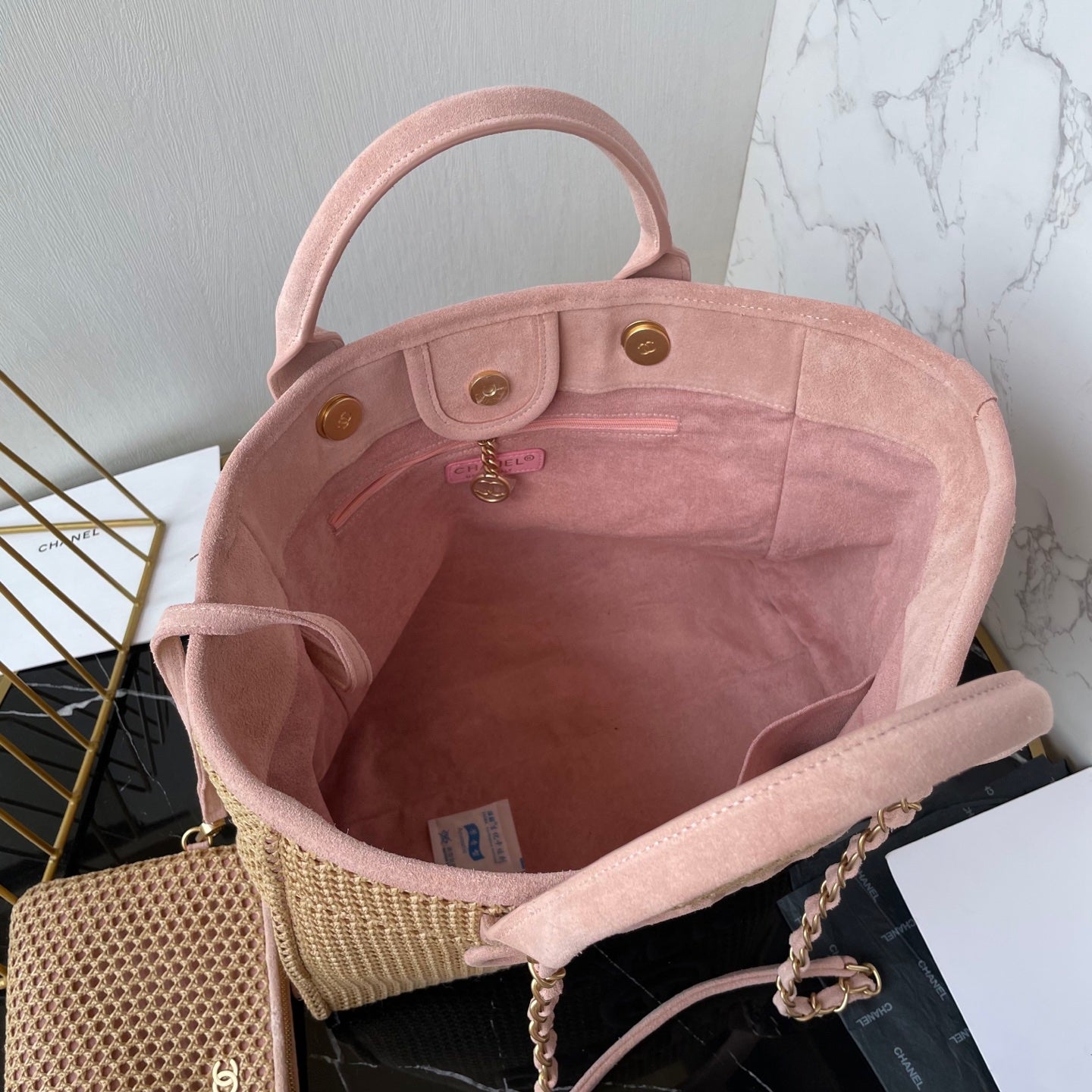 Chanel Pink Raffia Deauville Tote Bag with Gold Hardware