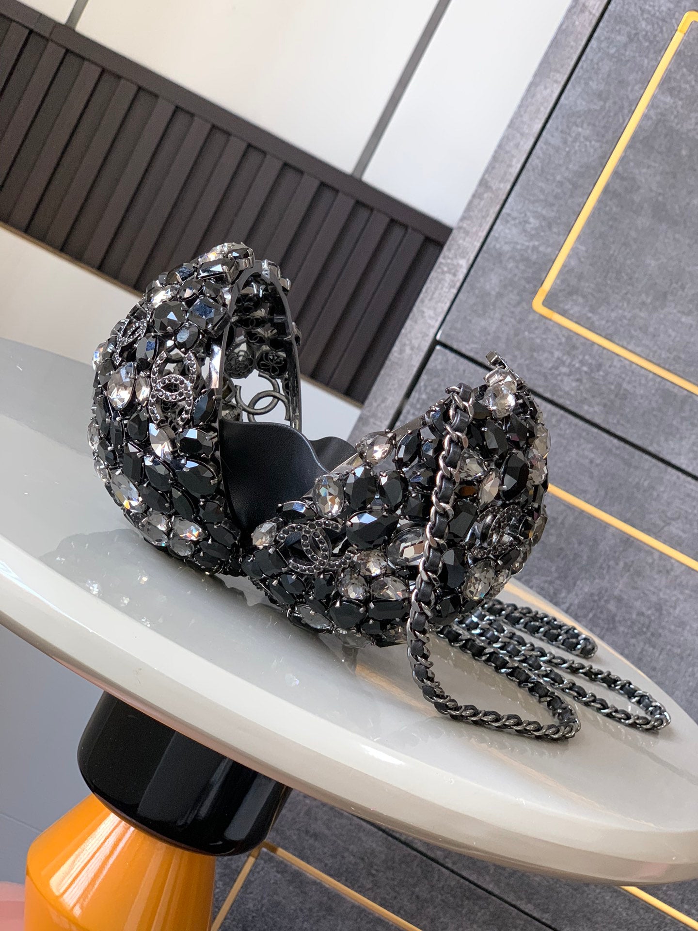 Chanel Black & Silver Crystal Embellished Sphere Evening Bag