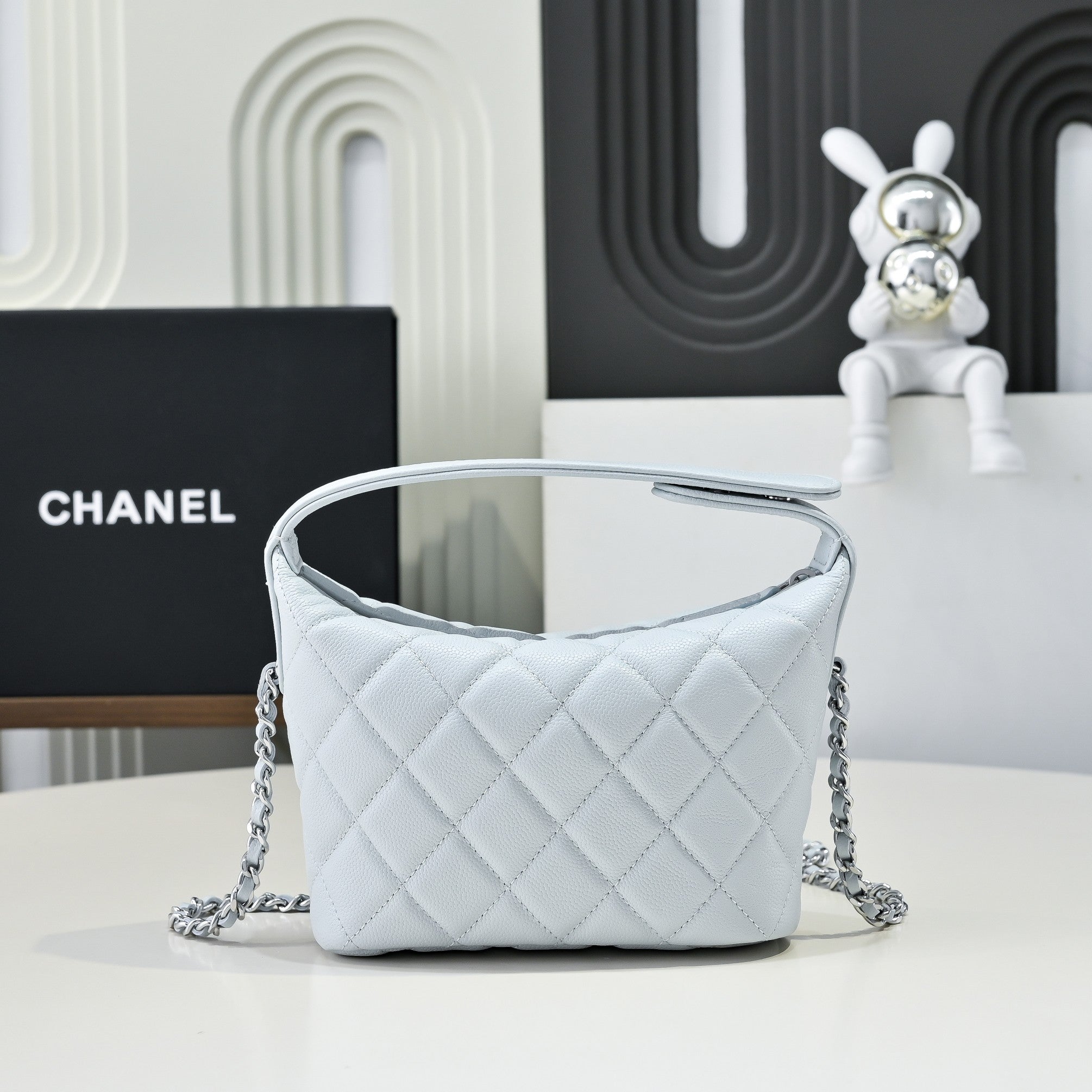 Chanel Light Blue Caviar Leather Hobo Bag with Silver Hardware
