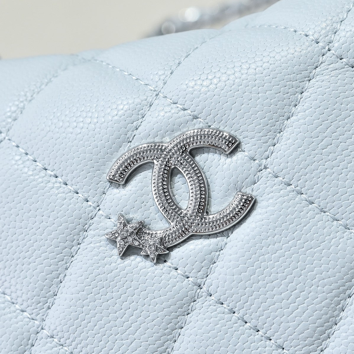 Chanel Light Blue Caviar Leather Hobo Bag with Silver Hardware