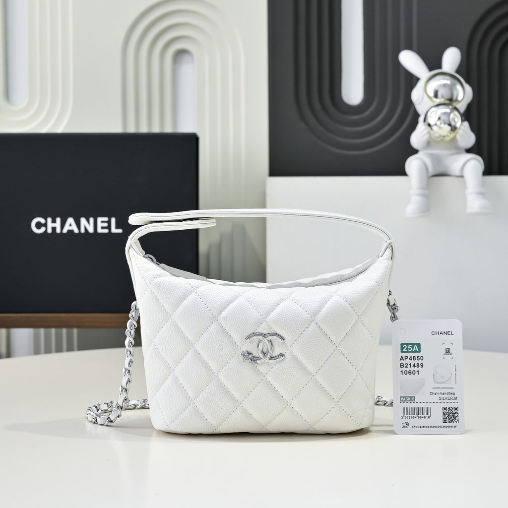 Chanel White Caviar Leather Hobo Bag with Silver Hardware