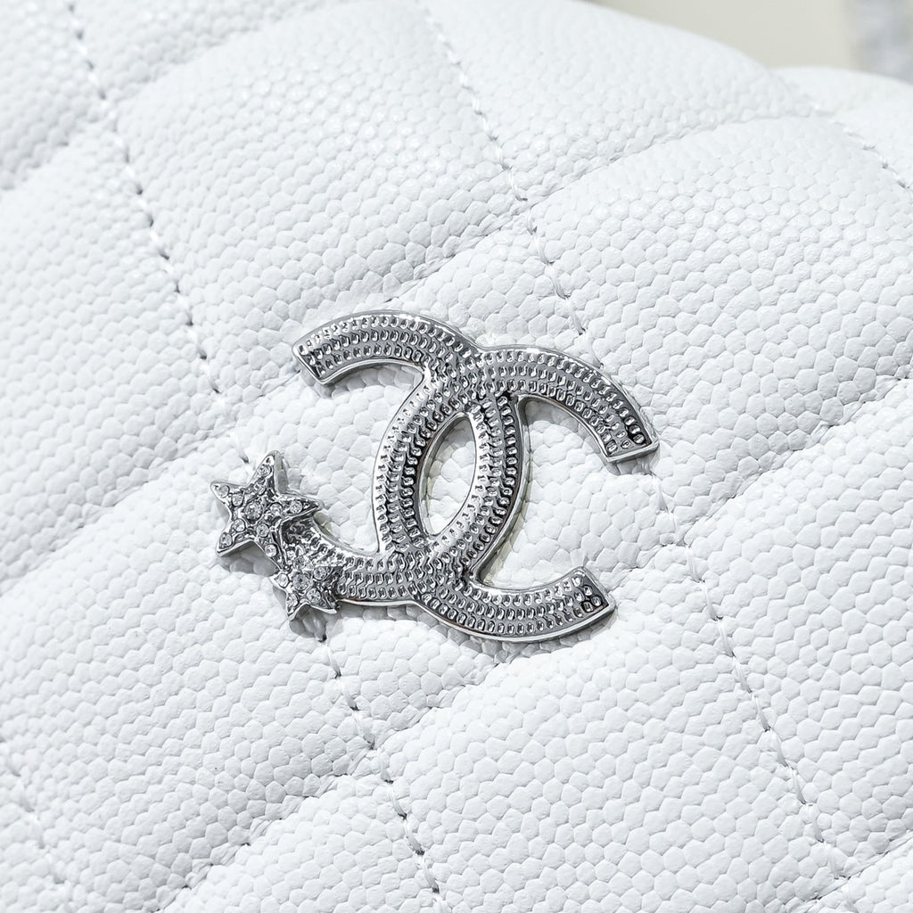 Chanel White Caviar Leather Hobo Bag with Silver Hardware
