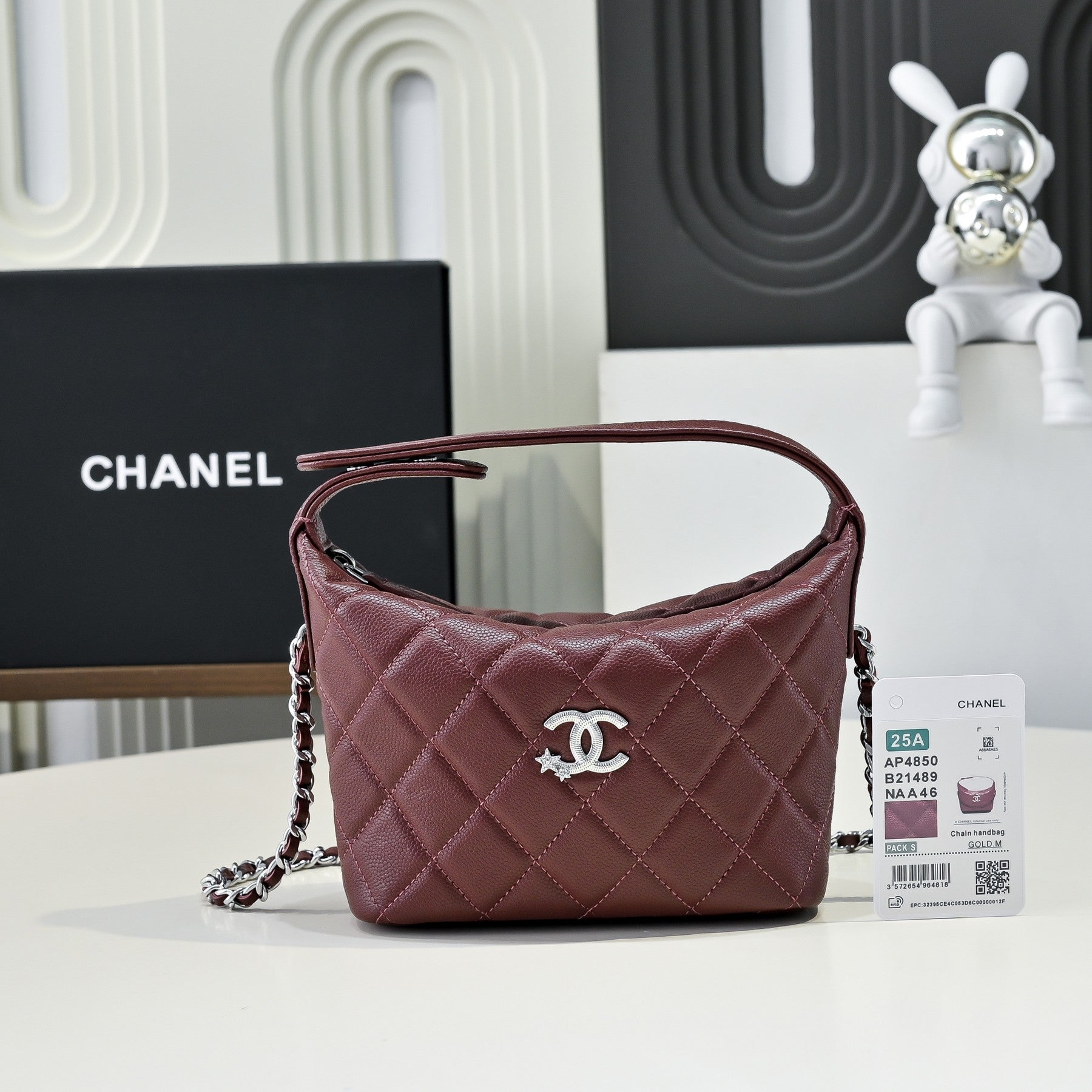 Chanel Burgundy Caviar Leather Hobo Bag with Silver Hardware