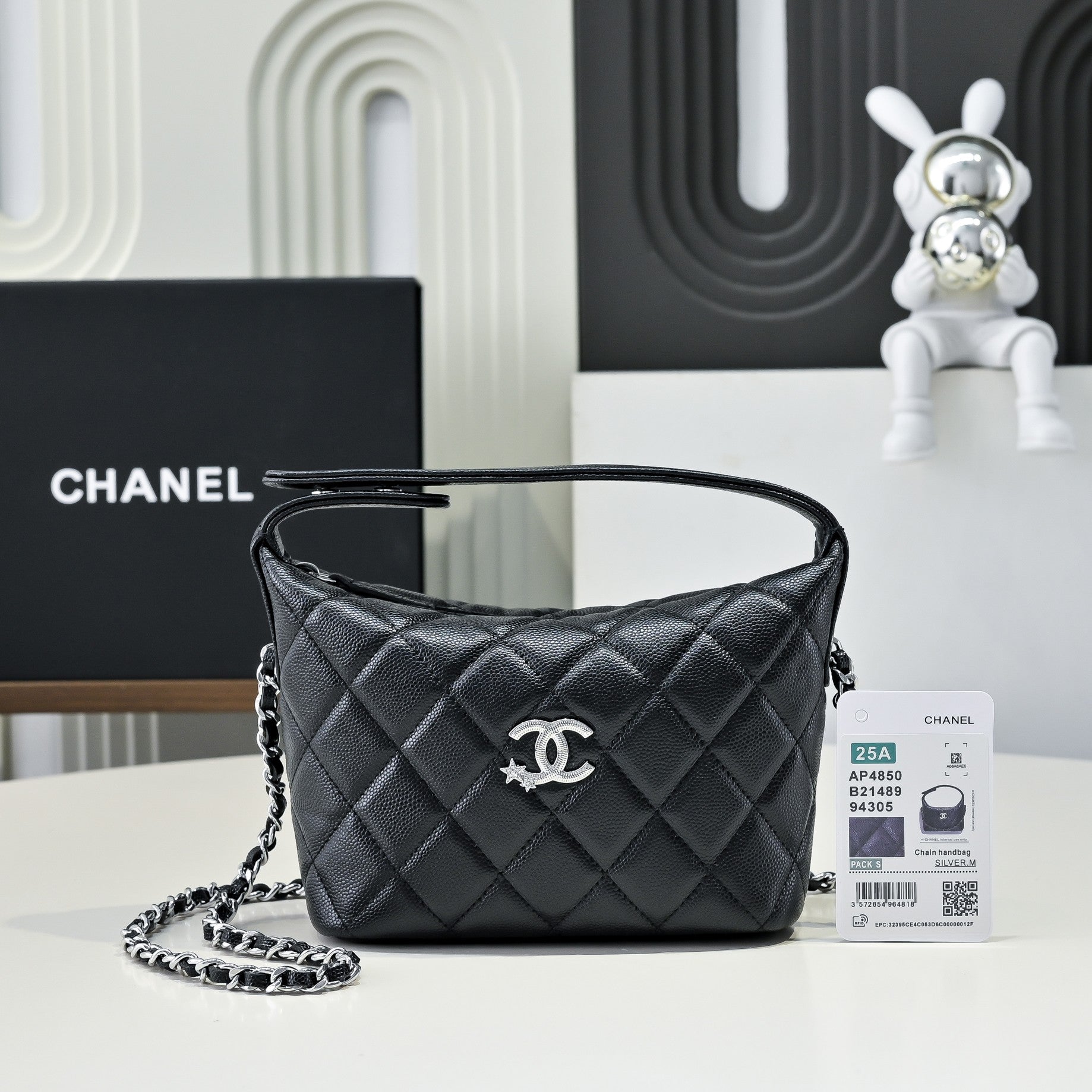 Chanel Black Caviar Leather Hobo Bag with Silver Hardware
