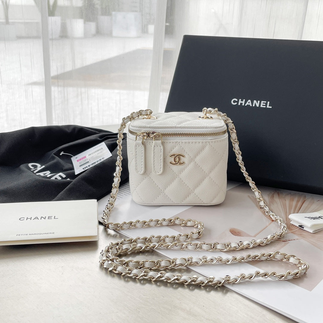 Chanel White Caviar Leather Vanity Bag with Gold Hardware