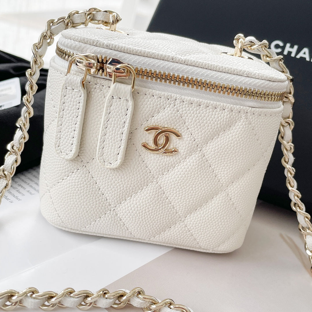 Chanel White Caviar Leather Vanity Bag with Gold Hardware