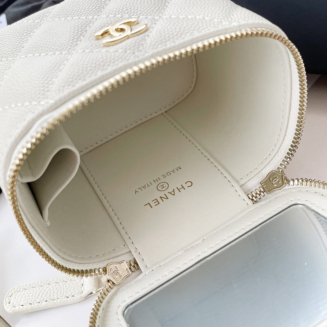 Chanel White Caviar Leather Vanity Bag with Gold Hardware