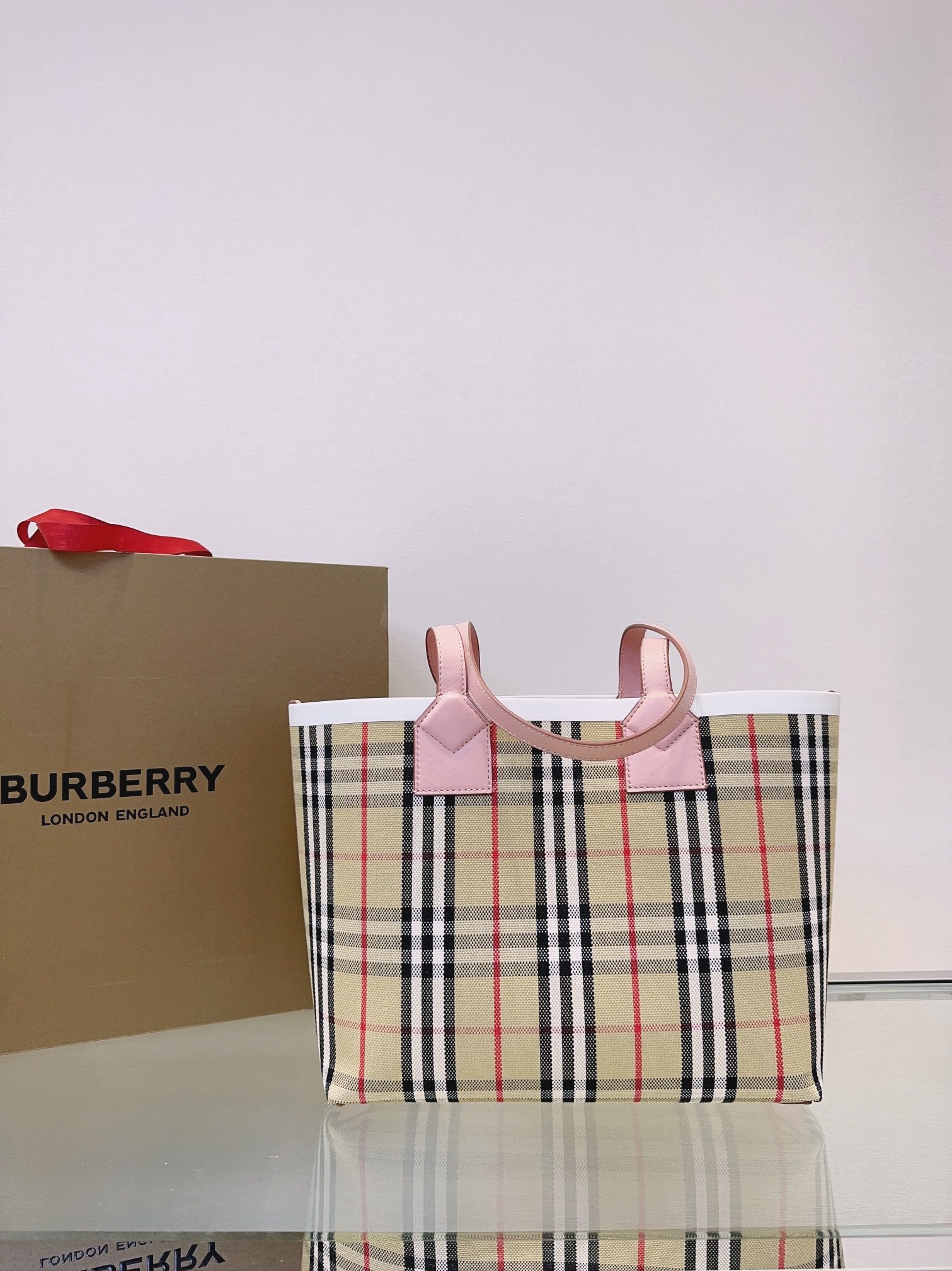 Burberry Vintage Check Small Tote Bag - Pink Leather Trim