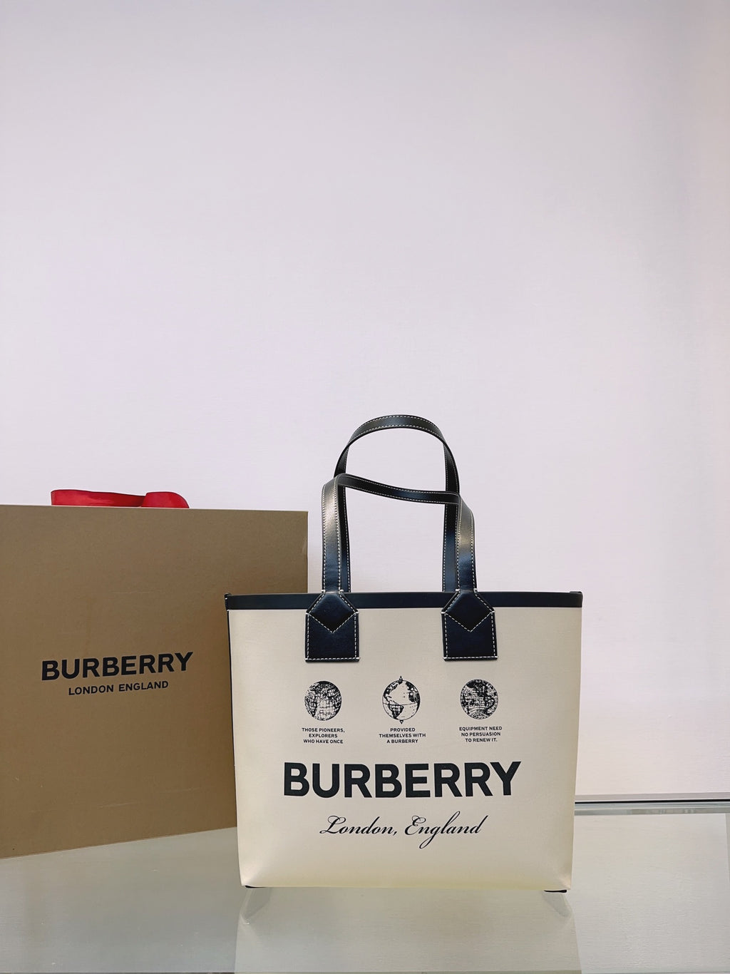 Burberry Logo Print Canvas Tote Bag - Cream & Black