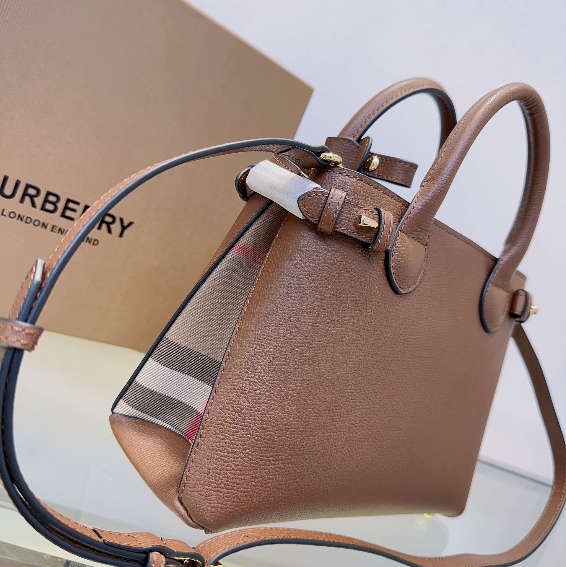 Burberry Banner Small Tote Bag - Taupe Grained Leather