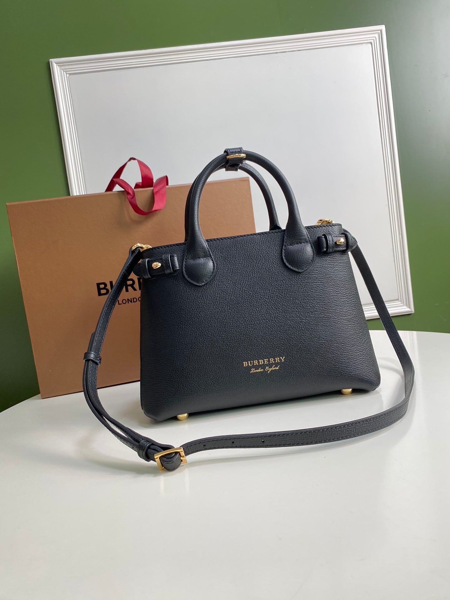 Burberry Banner Small Tote Bag - Black Grained Leather