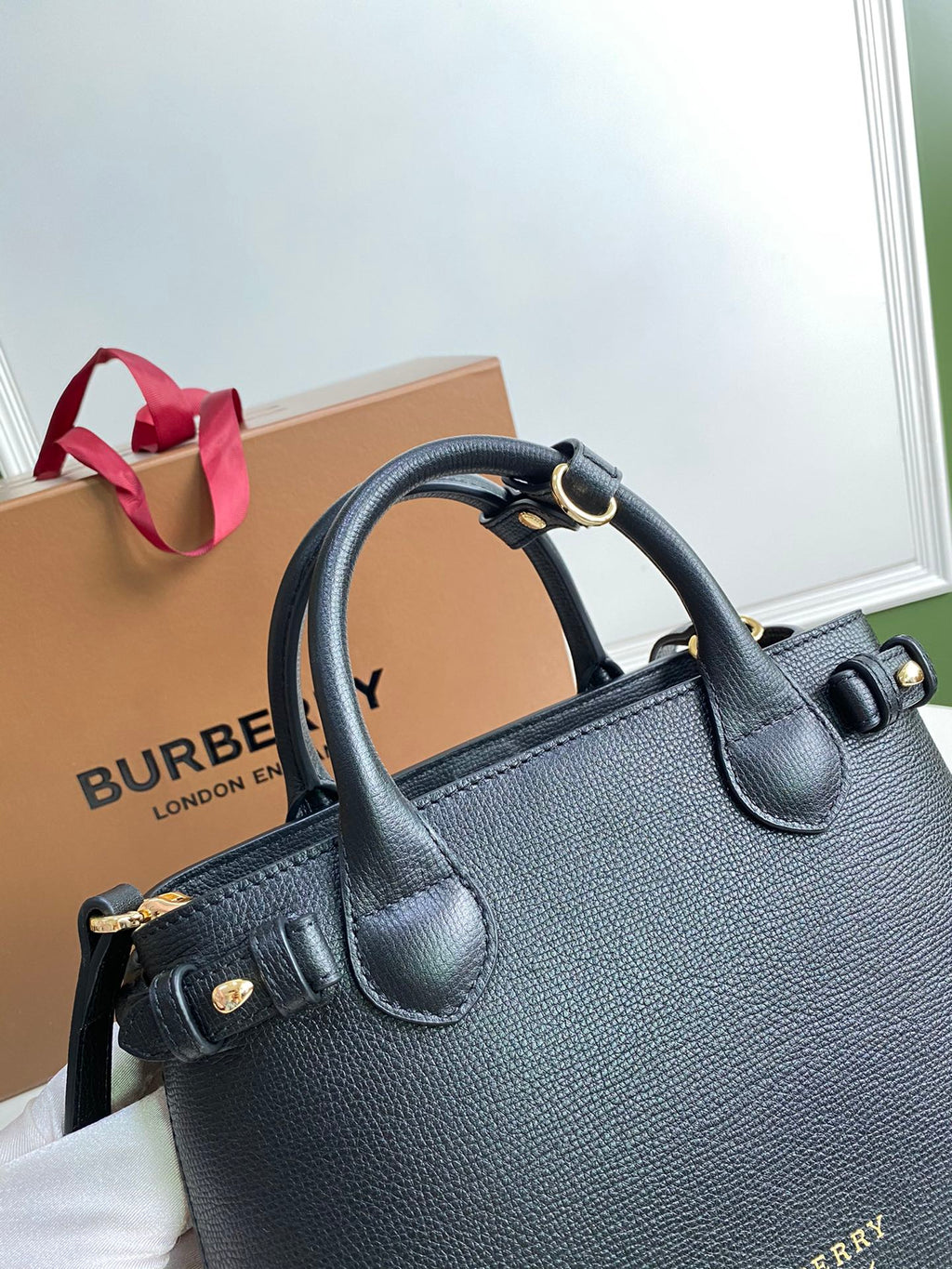 Burberry Banner Small Tote Bag - Black Grained Leather