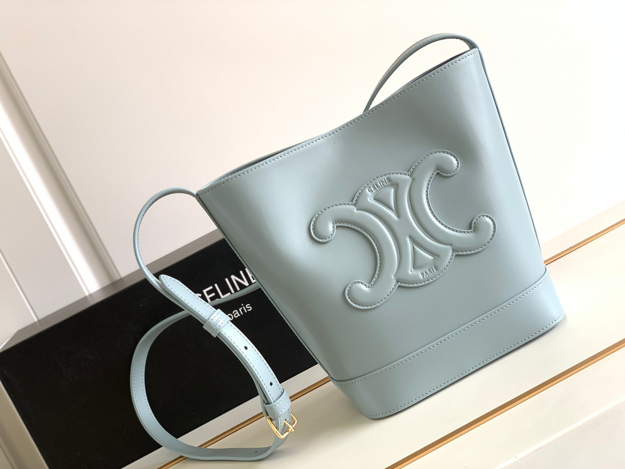 Celine Triomphe Bucket Bag - Light Blue Calfskin Leather with Embossed Logo