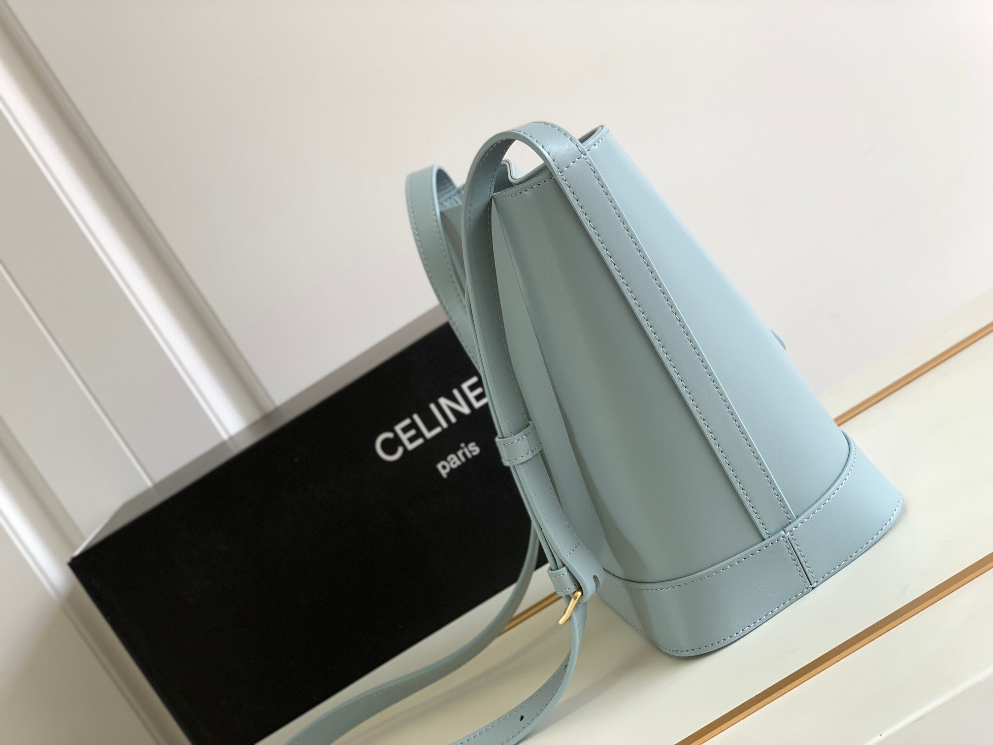 Celine Triomphe Bucket Bag - Light Blue Calfskin Leather with Embossed Logo
