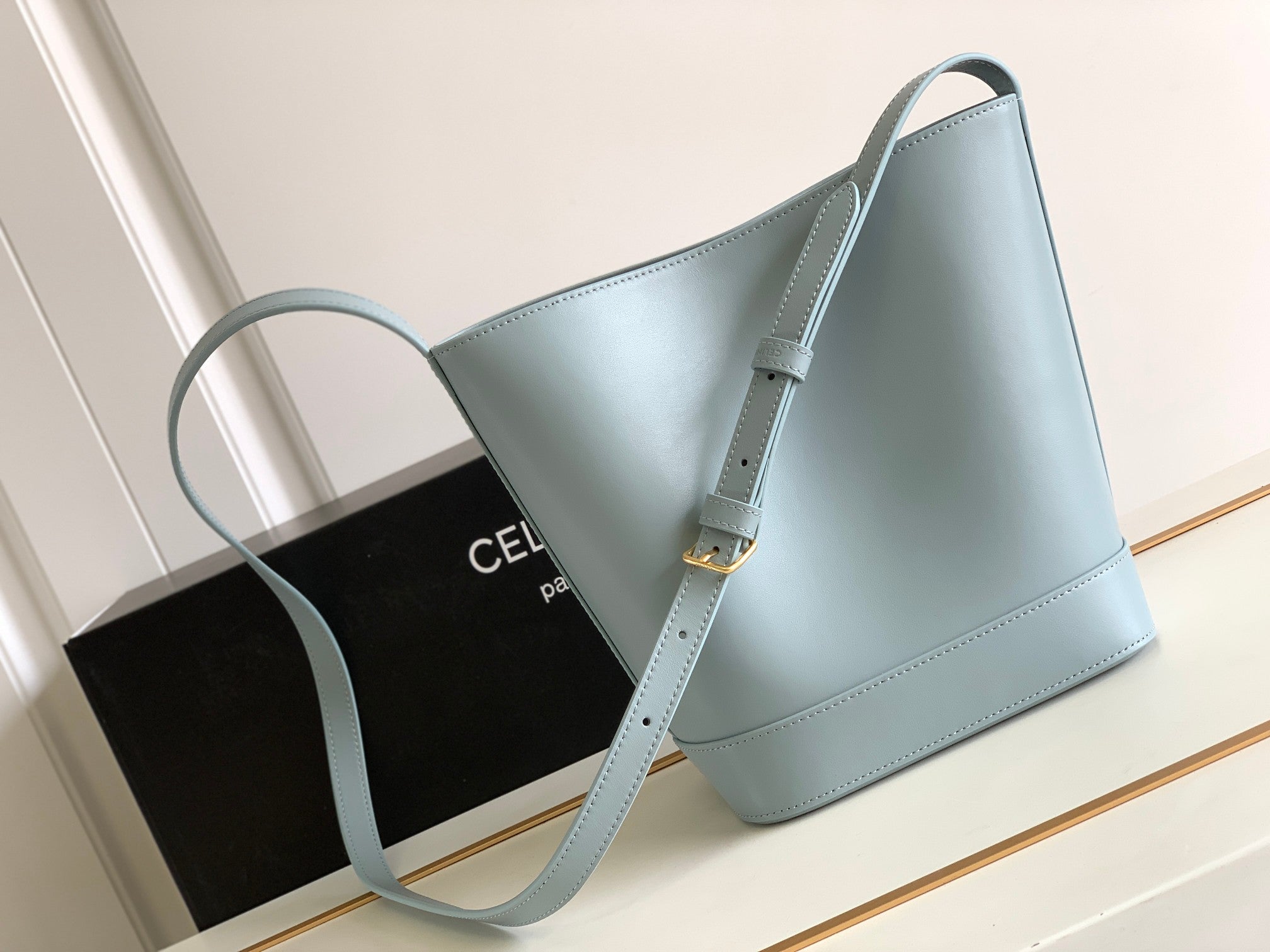 Celine Triomphe Bucket Bag - Light Blue Calfskin Leather with Embossed Logo