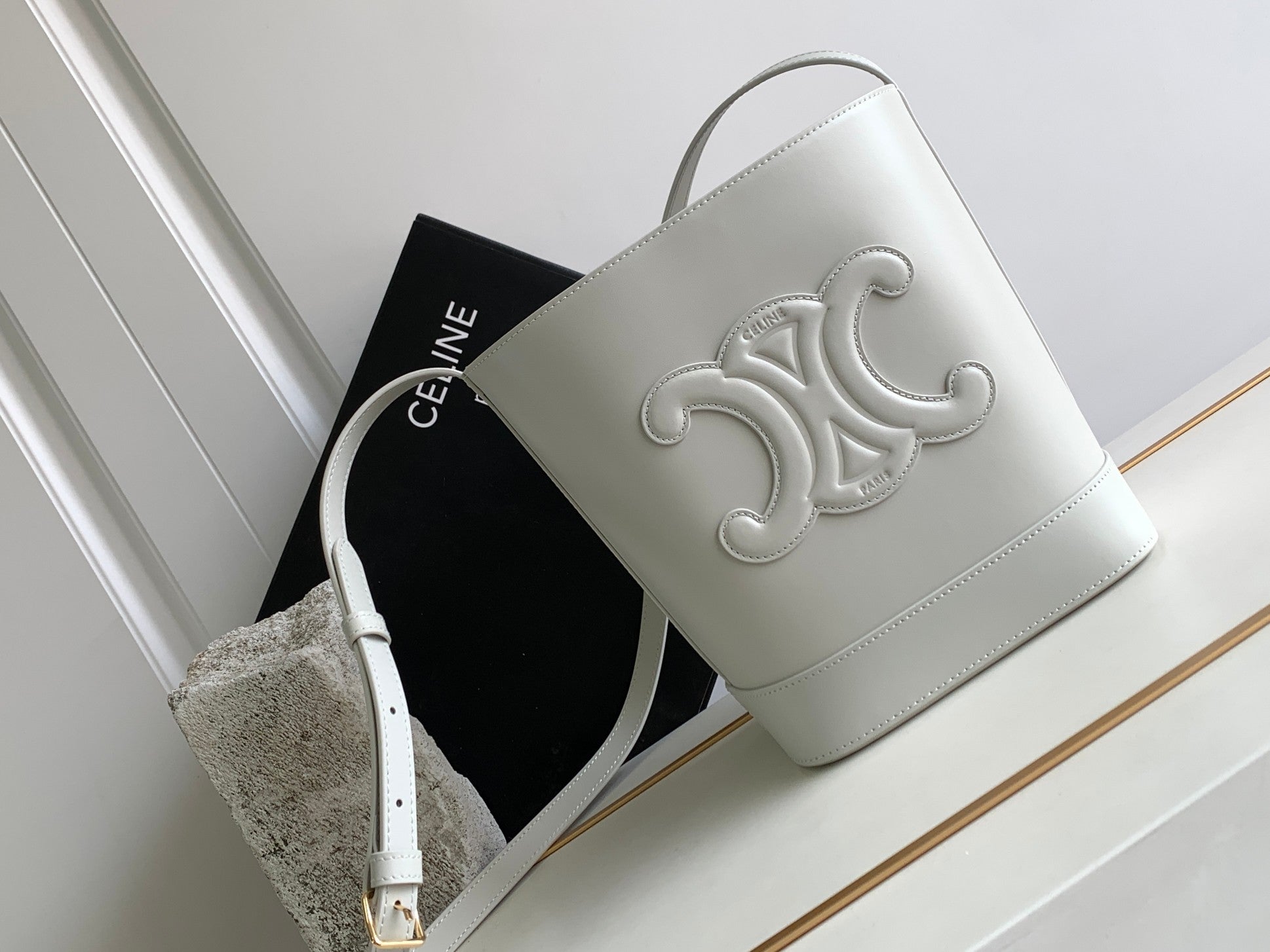 Celine Triomphe Bucket Bag - White Calfskin Leather with Embossed Logo