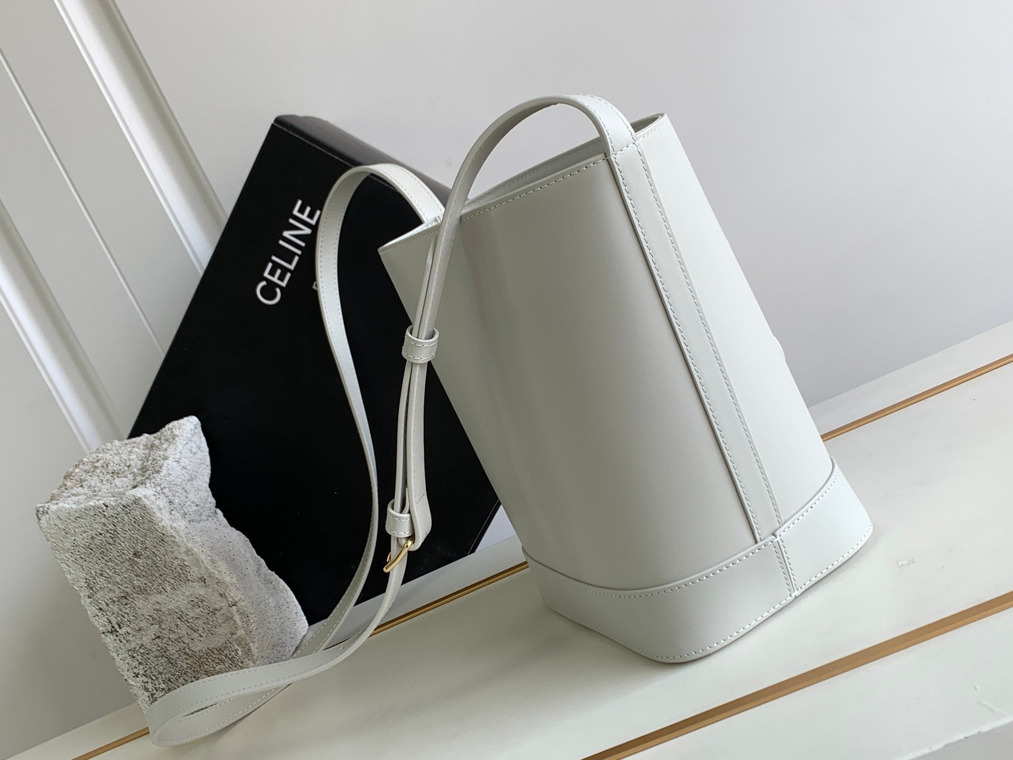 Celine Triomphe Bucket Bag - White Calfskin Leather with Embossed Logo