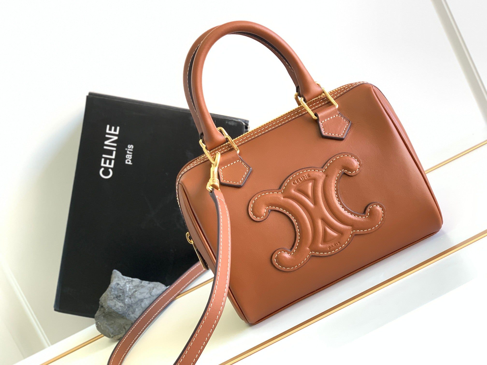 Celine Triomphe Satchel Bag - Tan Calfskin Leather with Embossed Logo