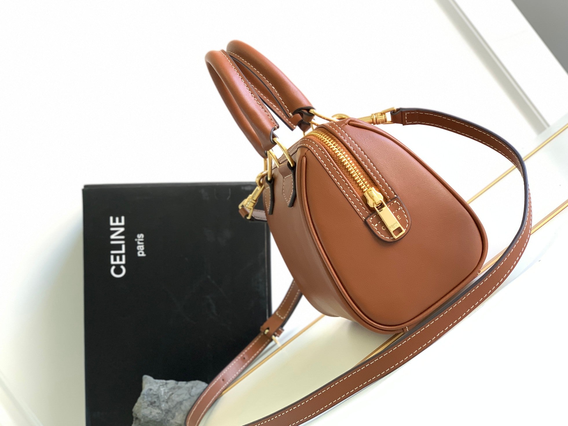 Celine Triomphe Satchel Bag - Tan Calfskin Leather with Embossed Logo