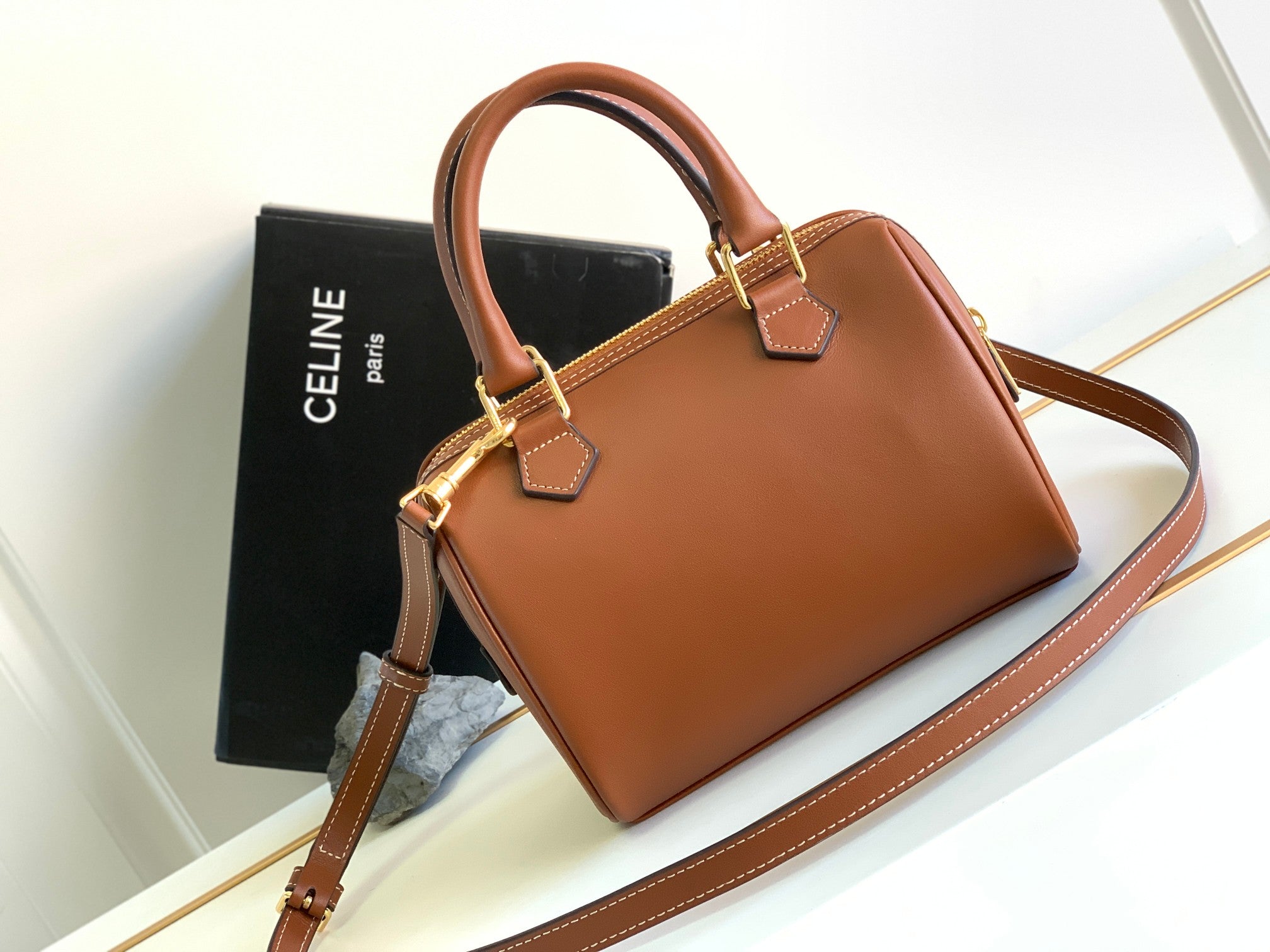 Celine Triomphe Satchel Bag - Tan Calfskin Leather with Embossed Logo