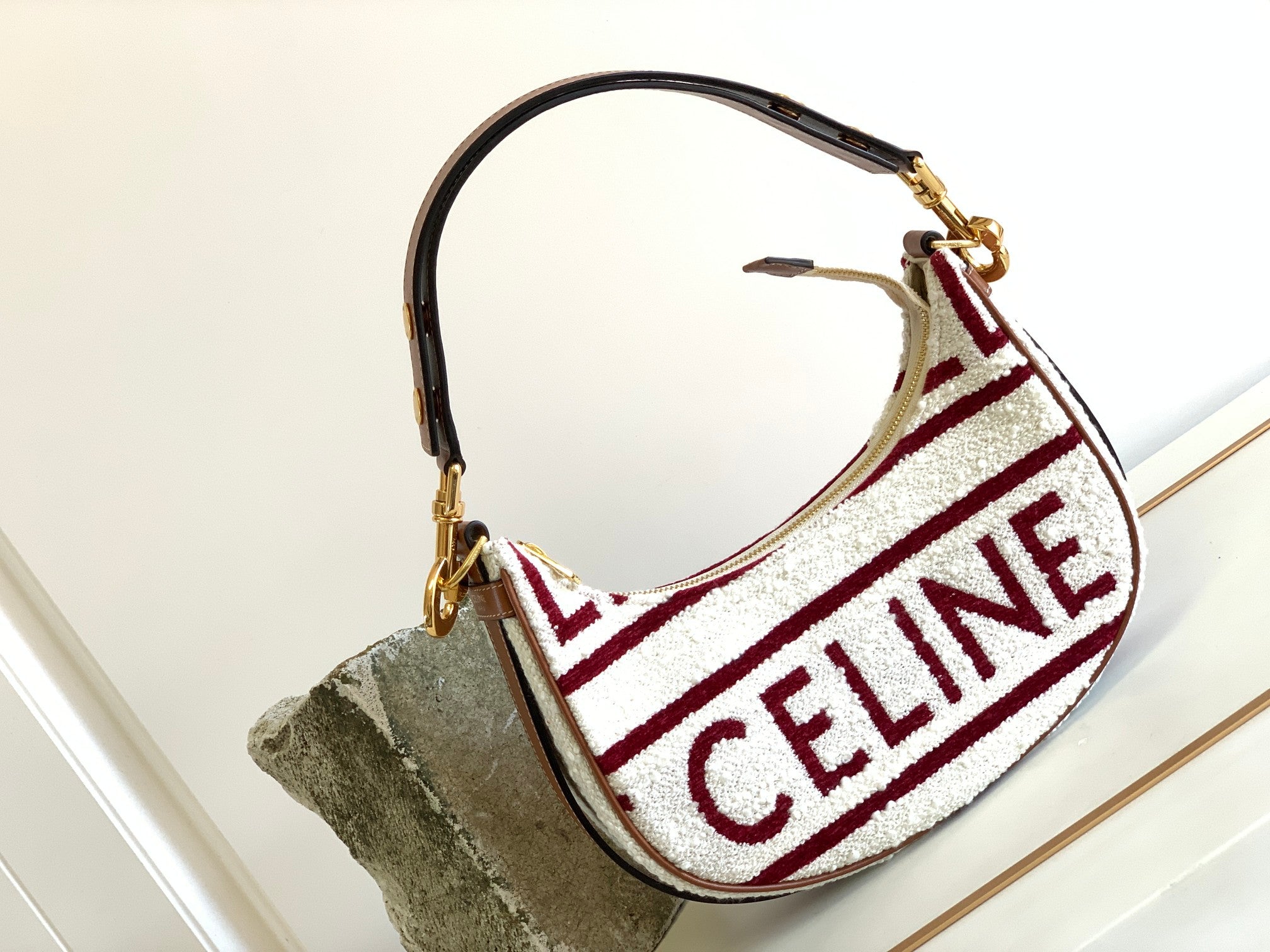 Celine Mini Hobo Bag - Burgundy & White Striped Shearling with Tan Leather