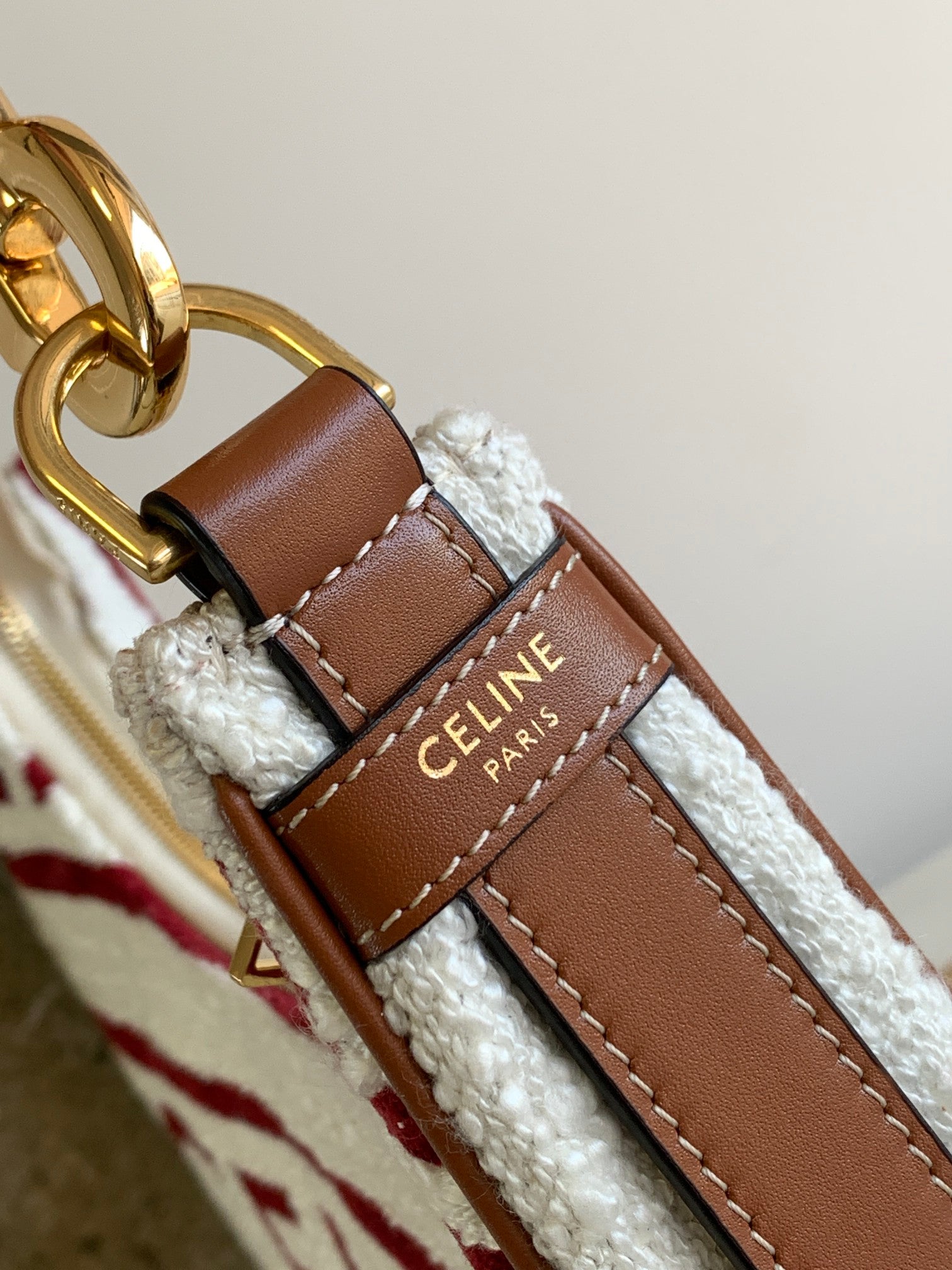 Celine Mini Hobo Bag - Burgundy & White Striped Shearling with Tan Leather