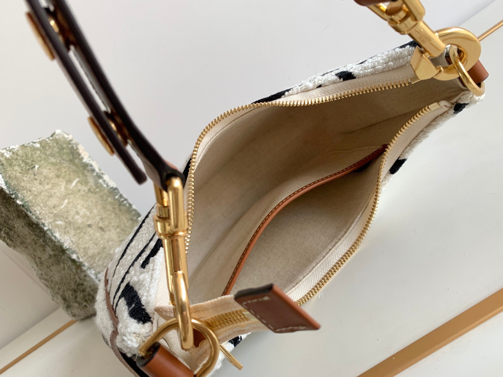 Celine Mini Hobo Bag - White Shearling with Bold Logo & Tan Leather