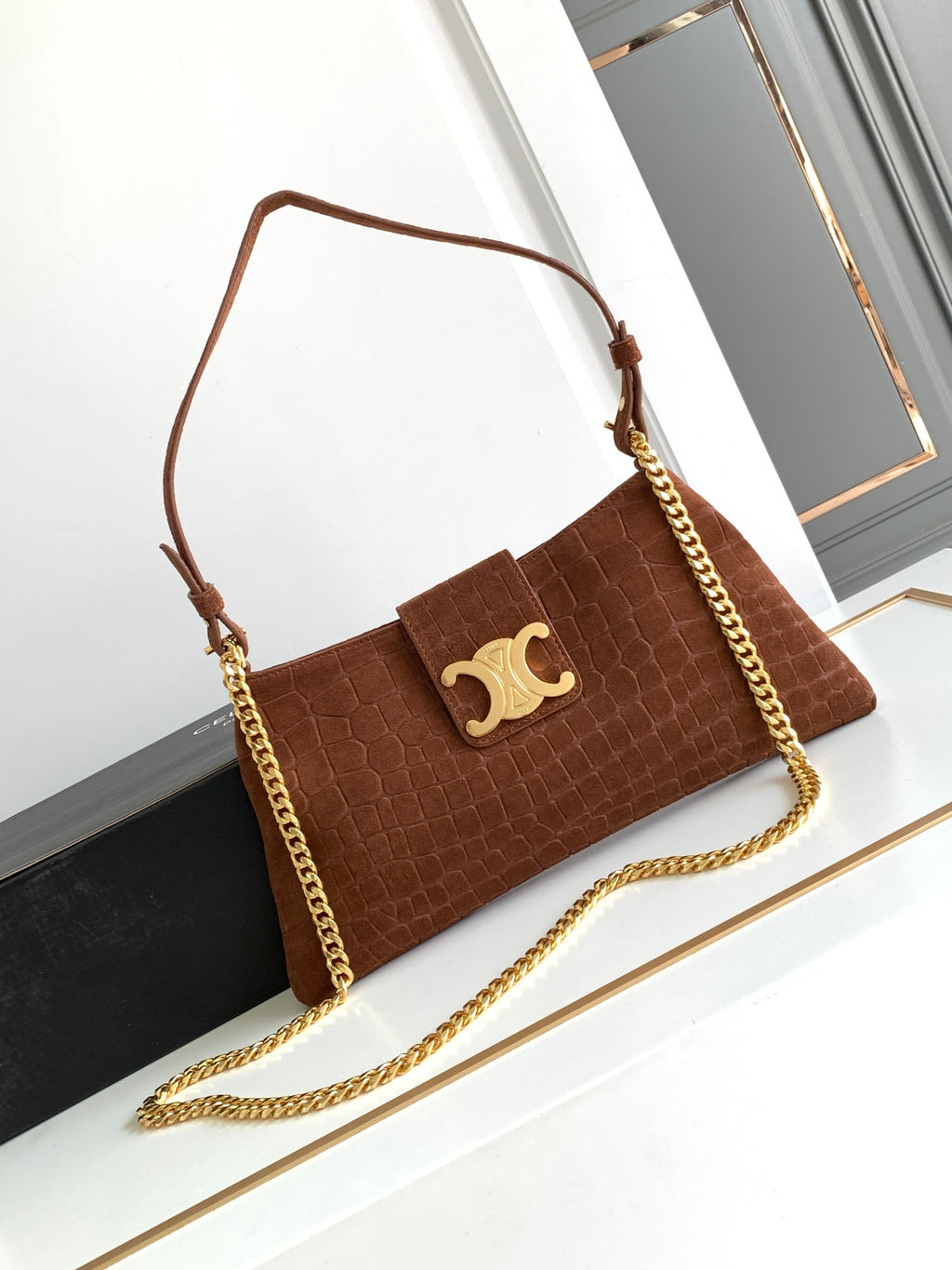 Celine Triomphe Clutch Bag - Brown Embossed Croc Leather with Chain