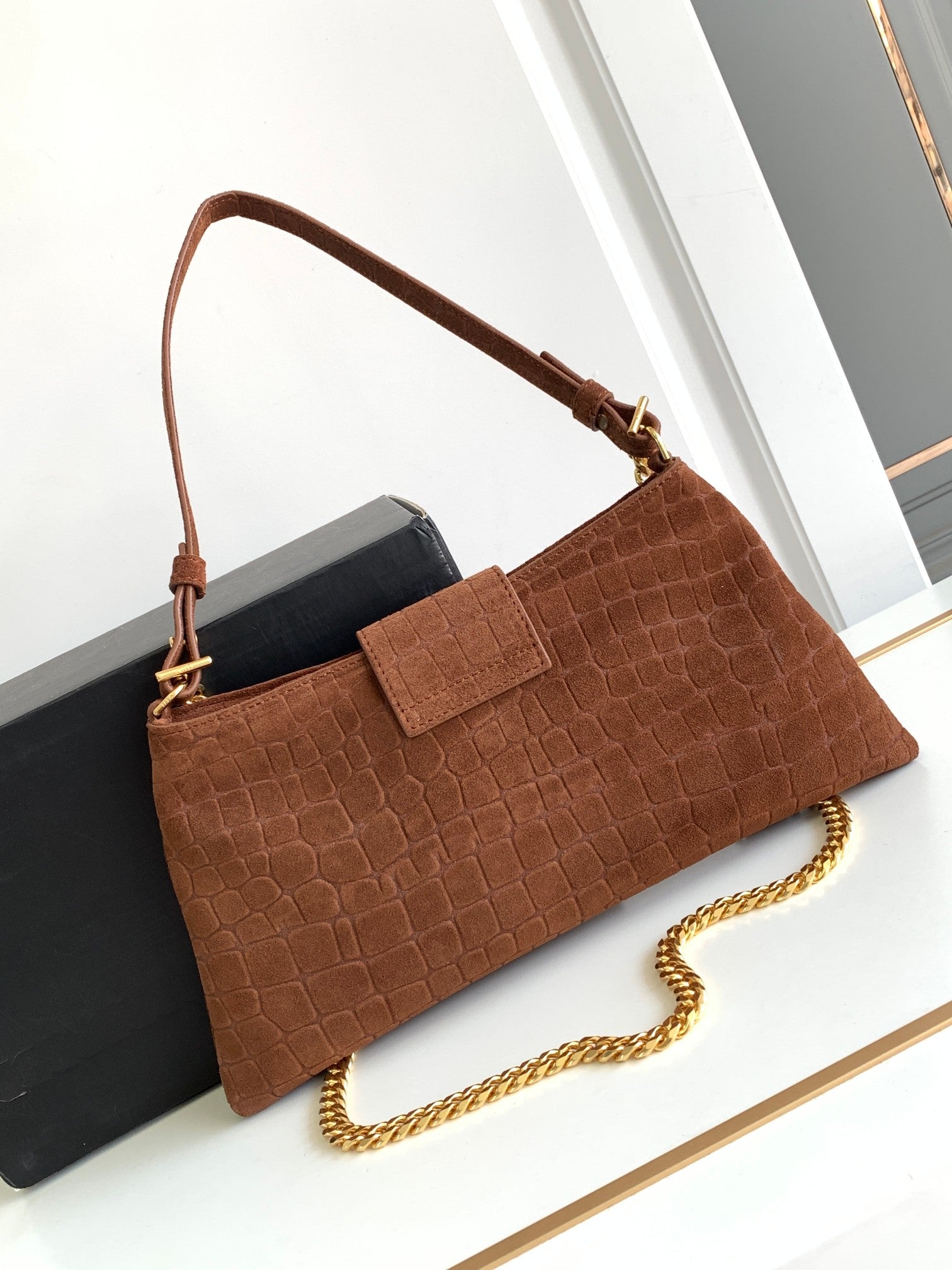 Celine Triomphe Clutch Bag - Brown Embossed Croc Leather with Chain