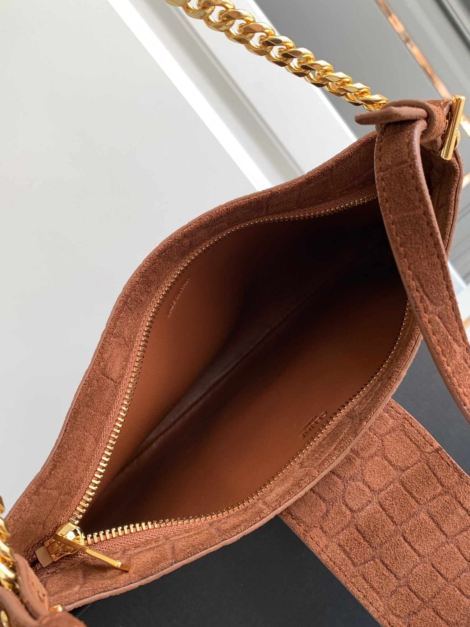 Celine Triomphe Clutch Bag - Brown Embossed Croc Leather with Chain