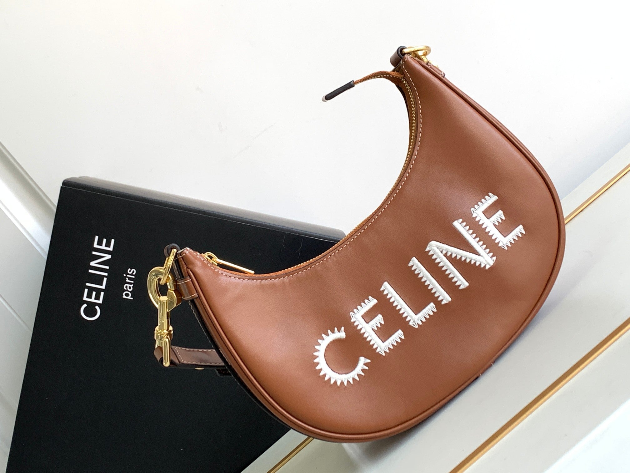 Celine Shoulder Bag - Tan Calfskin Leather with Bold White Logo
