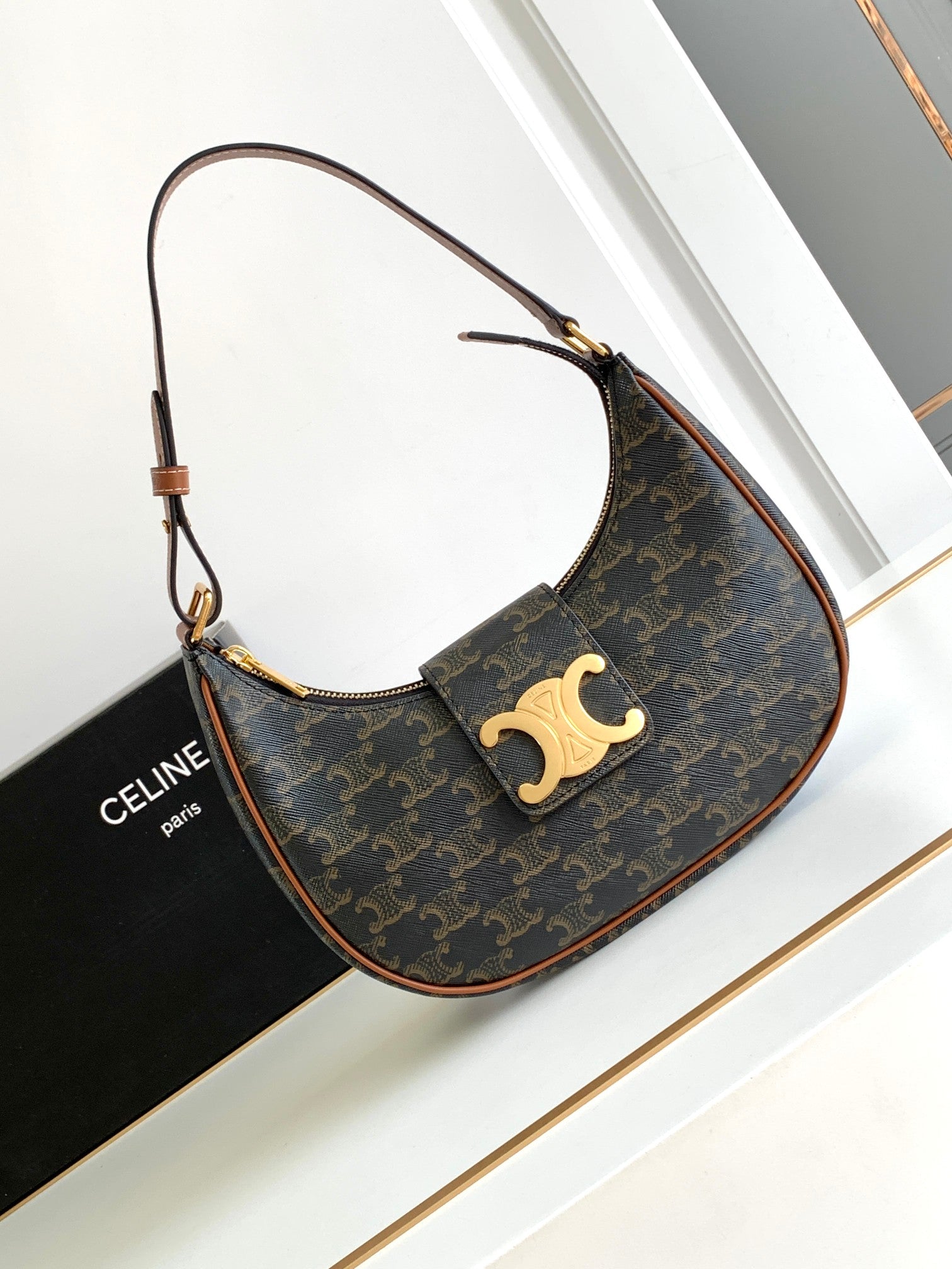 Celine Triomphe Shoulder Bag - Dark Monogram Canvas & Tan Leather