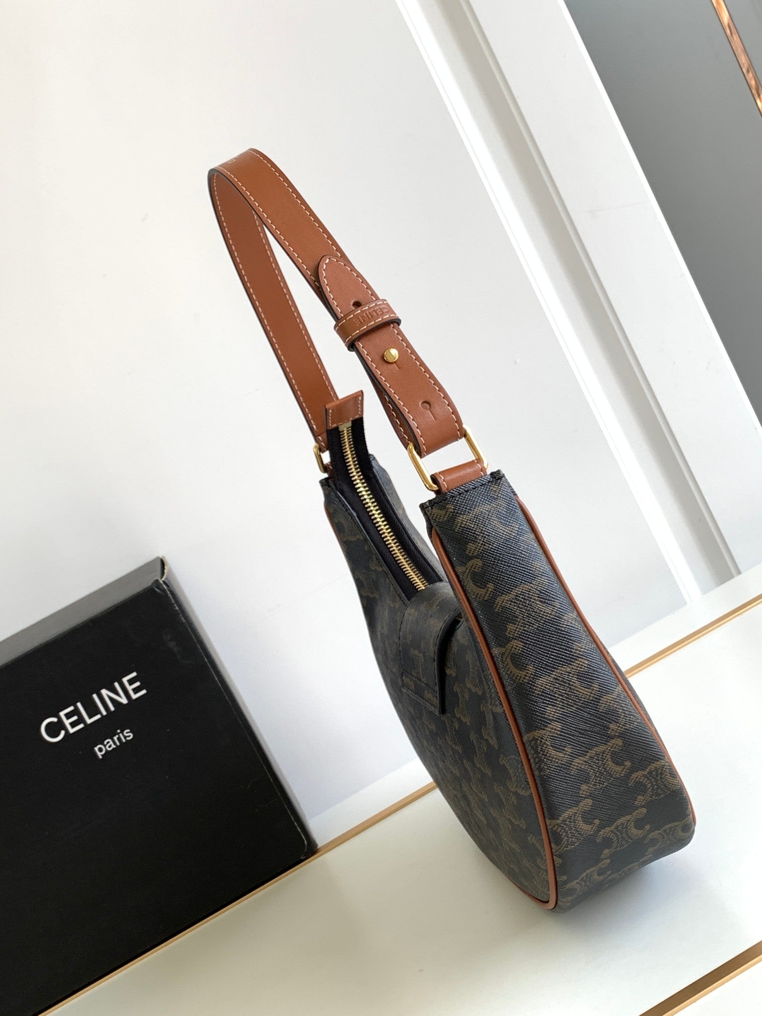 Celine Triomphe Shoulder Bag - Dark Monogram Canvas & Tan Leather