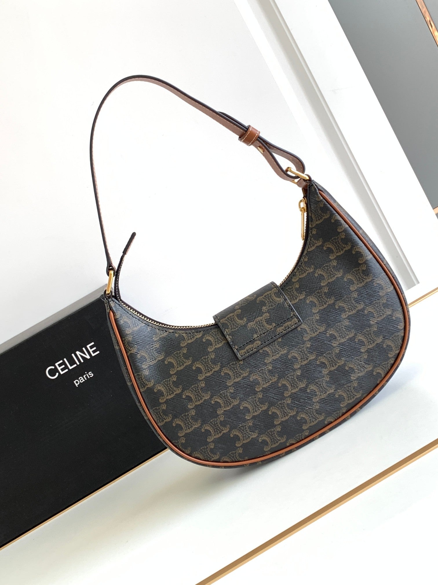 Celine Triomphe Shoulder Bag - Dark Monogram Canvas & Tan Leather