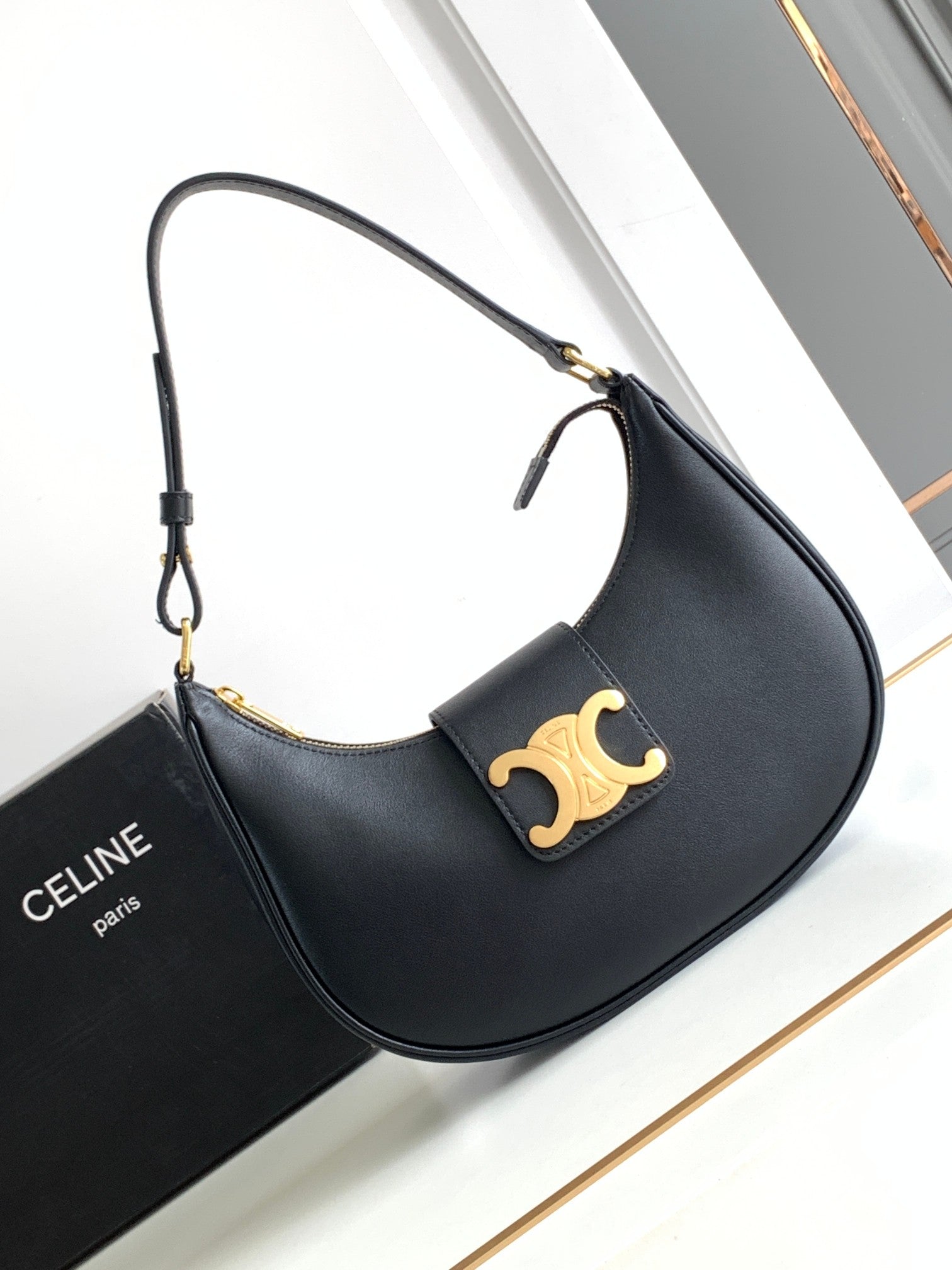 Celine Triomphe Shoulder Bag - Black Calfskin Leather